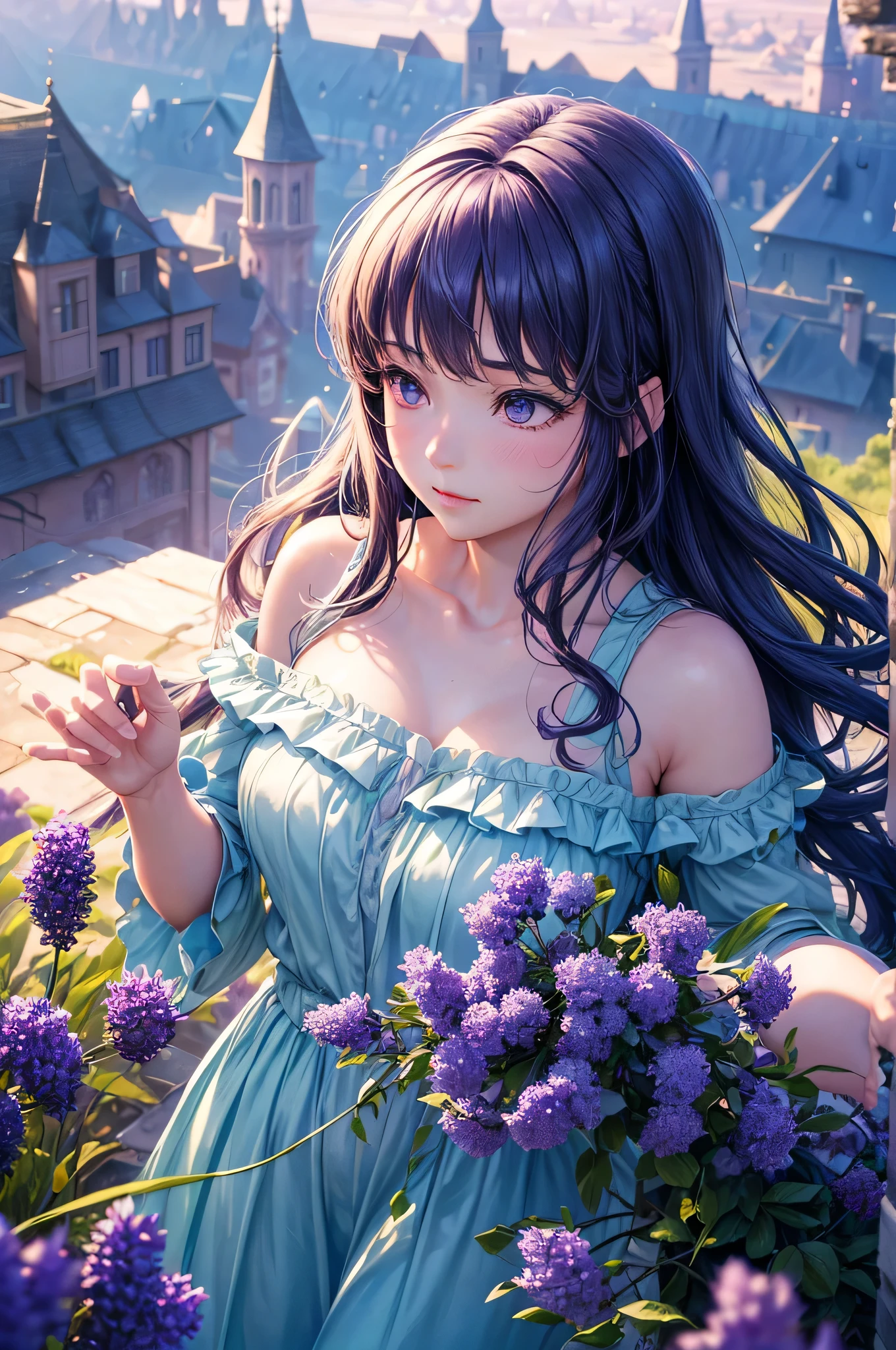 (melhor qualidade,4k,8k,high resolution,obra de arte:1.2),ultra-detalhado,(realista,photorealista,photo-realista:1.37), cores vibrantes, soft lighting, estilo anime, flores de lavanda, peaceful atmosphere, flowing dress, cabelo solto, olhos brilhantes, a delicate facial features, castle silhouette in the distance, paisagem sonhadora, Brisa suave, tons roxos, happy expression, serene sky, panoramic view, ambiente tranquilo, lavender fragrance, panoramic perspective, ambiente calmo e sereno, dreamlike environment, Immersive experience, apelo caprichoso, surrealista touch, perfect balance of light and shadow, harmonious composition, picturesque scenery, postura graciosa, romantic setting, ethereal beauty
