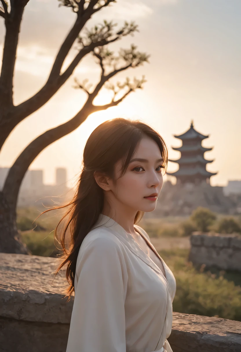 (masterpiece, top quality, best quality, official art, Beautiful and beautiful:1.2), contour,backlight,chiaroscuro,vignette,Cinema lighting,film grain,1 girl,模特拍照姿势站在ancient city房屋的顶端,flowing long hair,Gaze at the distant skyline,那Sunset余晖与古老的the forbidden city映造出一道美丽的风景,west wind blows girl'Long hair on the ancient road,the forbidden city,Sunset,Sunset,cloud,fallen flowers,ancient city,dead tree,mottled,grassland,Silent and desolate,