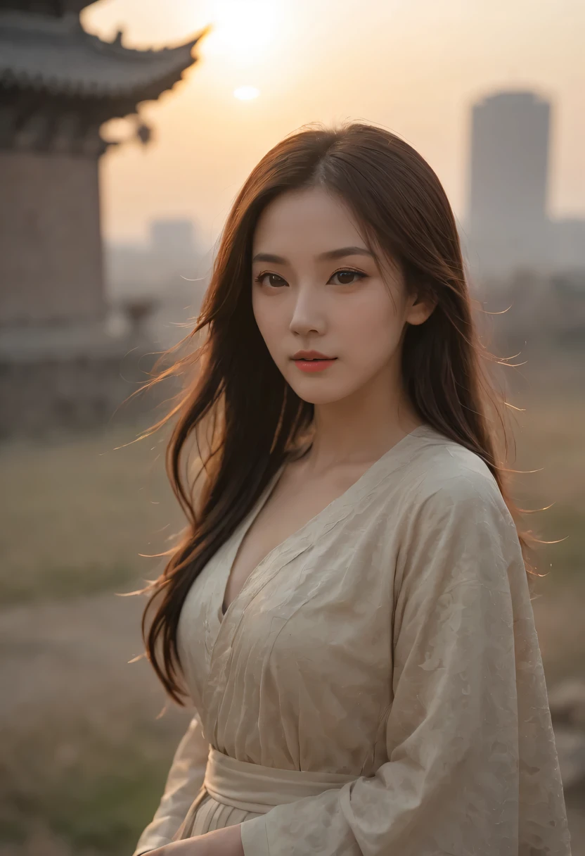 (masterpiece, top quality, best quality, official art, Beautiful and beautiful:1.2), contour,backlight,chiaroscuro,vignette,Cinema lighting,film grain,1 girl,模特拍照姿势站在ancient city房屋的顶端,flowing long hair,Gaze at the distant skyline,那Sunset余晖与古老的the forbidden city映造出一道美丽的风景,west wind blows girl'Long hair on the ancient road,the forbidden city,Sunset,Sunset,cloud,fallen flowers,ancient city,dead tree,mottled,grassland,Silent and desolate,