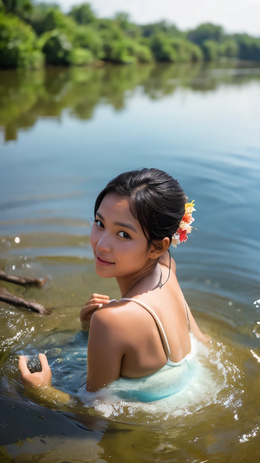 a beautiful Indonesian woman is bathing in the river