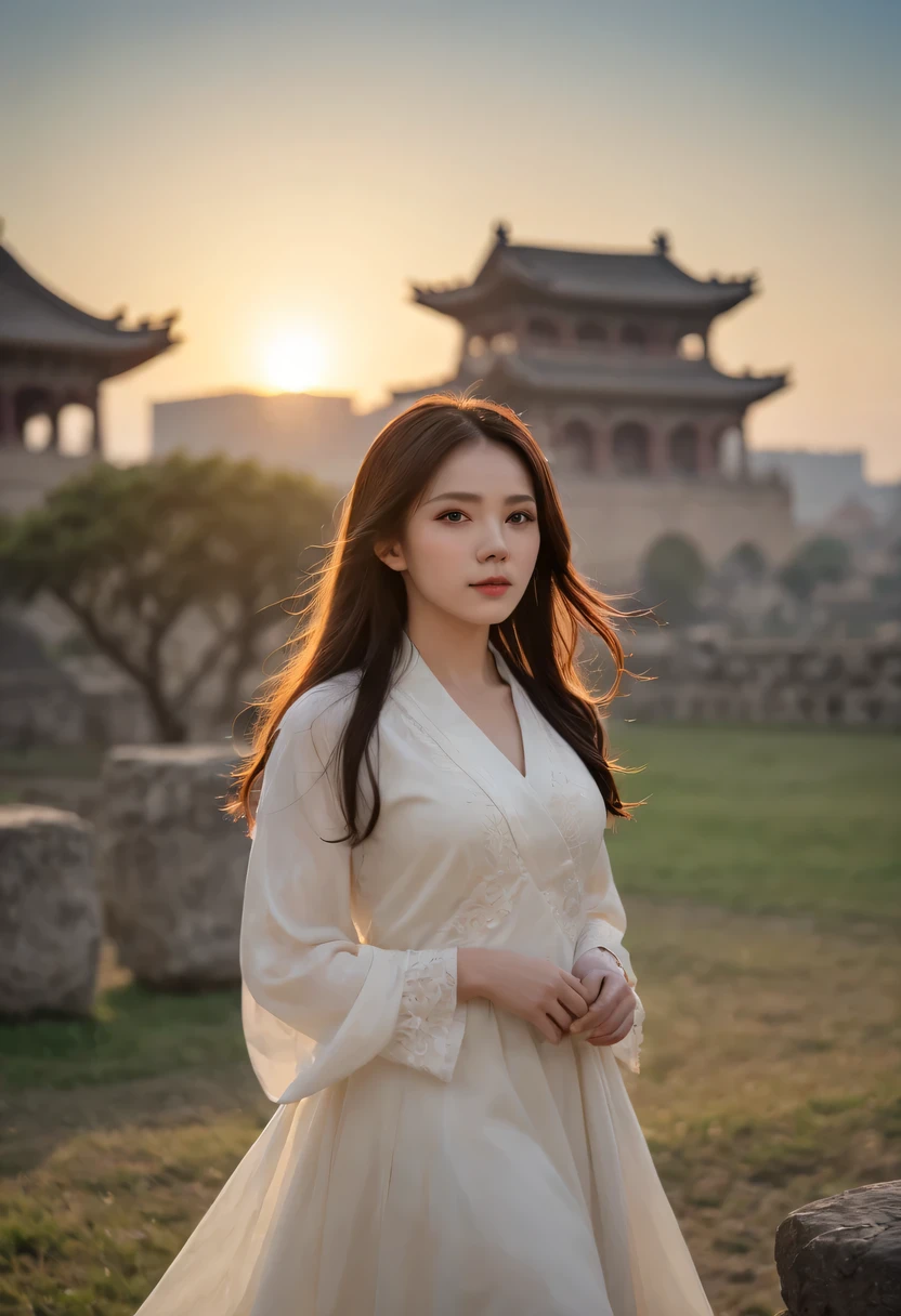 (masterpiece, top quality, best quality, official art, Beautiful and beautiful:1.2), contour,backlight,chiaroscuro,vignette,Cinema lighting,film grain,1 girl,模特拍照姿势站在ancient city房屋的顶端,flowing long hair,Gaze at the distant skyline,那Sunset余晖与古老的the forbidden city映造出一道美丽的风景,west wind blows girl'Long hair on the ancient road,the forbidden city,Sunset,Sunset,cloud,fallen flowers,ancient city,dead tree,mottled,grassland,Silent and desolate,