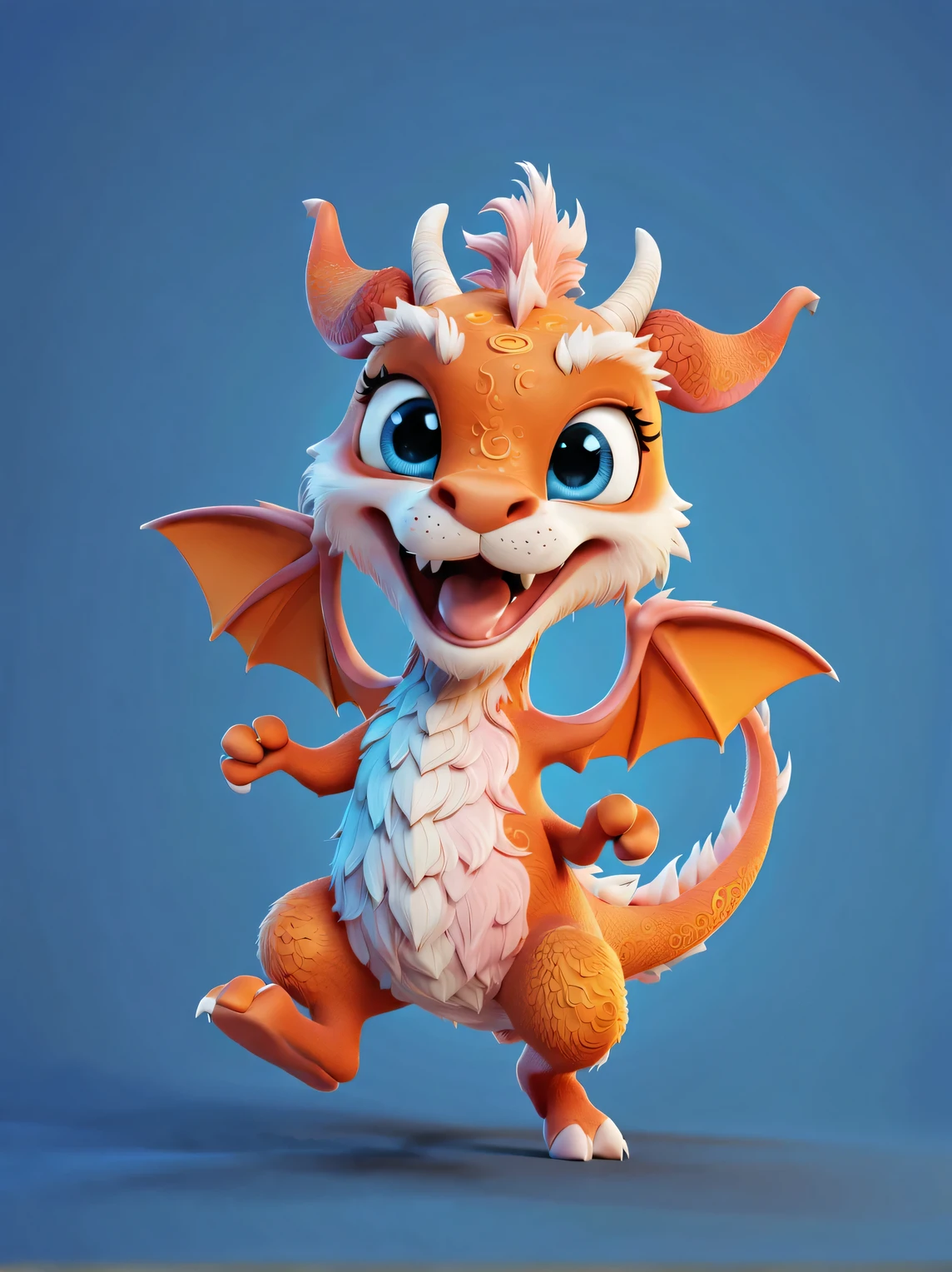 3d rendering,hairy, role conception, The cute Chinese zodiac sign Dragon takes an exaggerated stride, dynamic action, orange fur, big blue eyes, Squint your eyes and smile mischievously (Eyes narrowed into crescent shape), Wearing scarlet clothes, range mark drawing, monochrome, brush outline, 4K, soft pink, interesting,