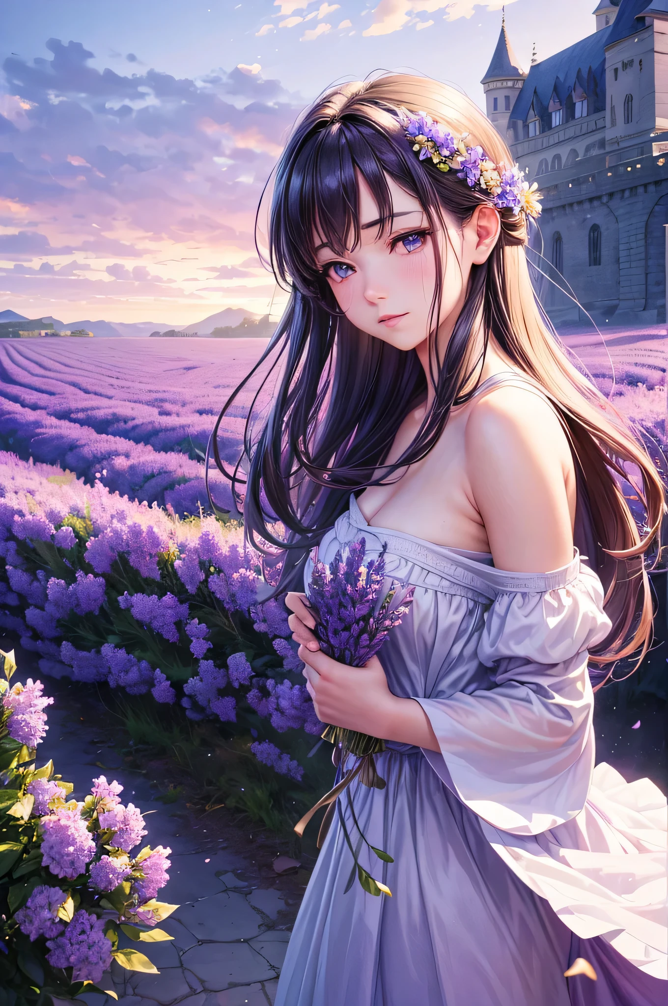 (melhor qualidade,4k,8k,high resolution,obra de arte:1.2),ultra-detalhado,(realista,photorealista,photo-realista:1.37), cores vibrantes, soft lighting, estilo anime, flores de lavanda, peaceful atmosphere, flowing dress, cabelo solto, olhos brilhantes, a delicate facial features, castle silhouette in the distance, paisagem sonhadora, Brisa suave, tons roxos, happy expression, serene sky, panoramic view, ambiente tranquilo, lavender fragrance, panoramic perspective, ambiente calmo e sereno, dreamlike environment, Immersive experience, apelo caprichoso, surrealista touch, perfect balance of light and shadow, harmonious composition, picturesque scenery, postura graciosa, romantic setting, ethereal beauty