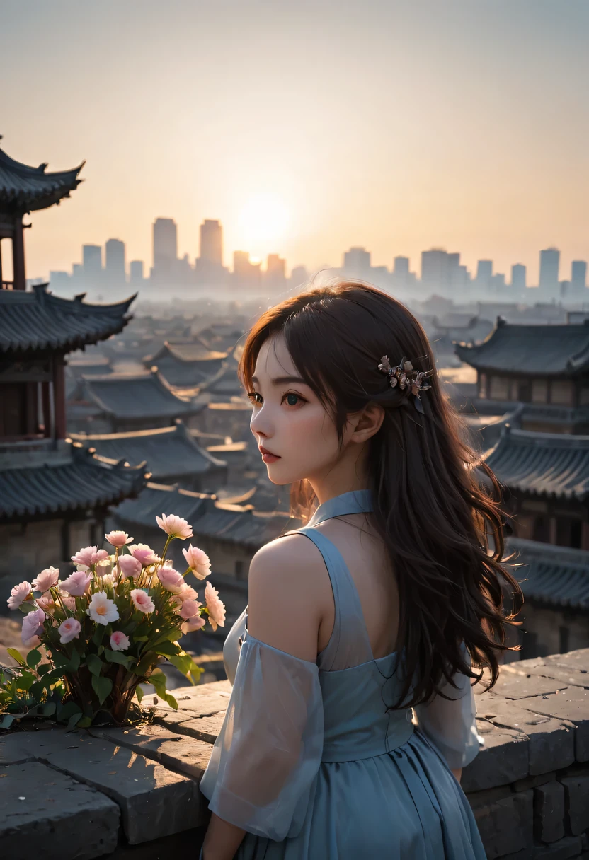 (masterpiece, top quality, best quality, official art, Beautiful and beautiful:1.2), contour,backlight,chiaroscuro,vignette,Cinema lighting,film grain,1 girl,模特拍照姿势站在ancient city房屋的顶端,flowing long hair,Gaze at the distant skyline,那Sunset余晖与古老的the forbidden city映造出一道美丽的风景,west wind blows girl'Long hair on the ancient road,the forbidden city,Sunset,Sunset,cloud,fallen flowers,ancient city,dead tree,mottled,grassland,Silent and desolate,