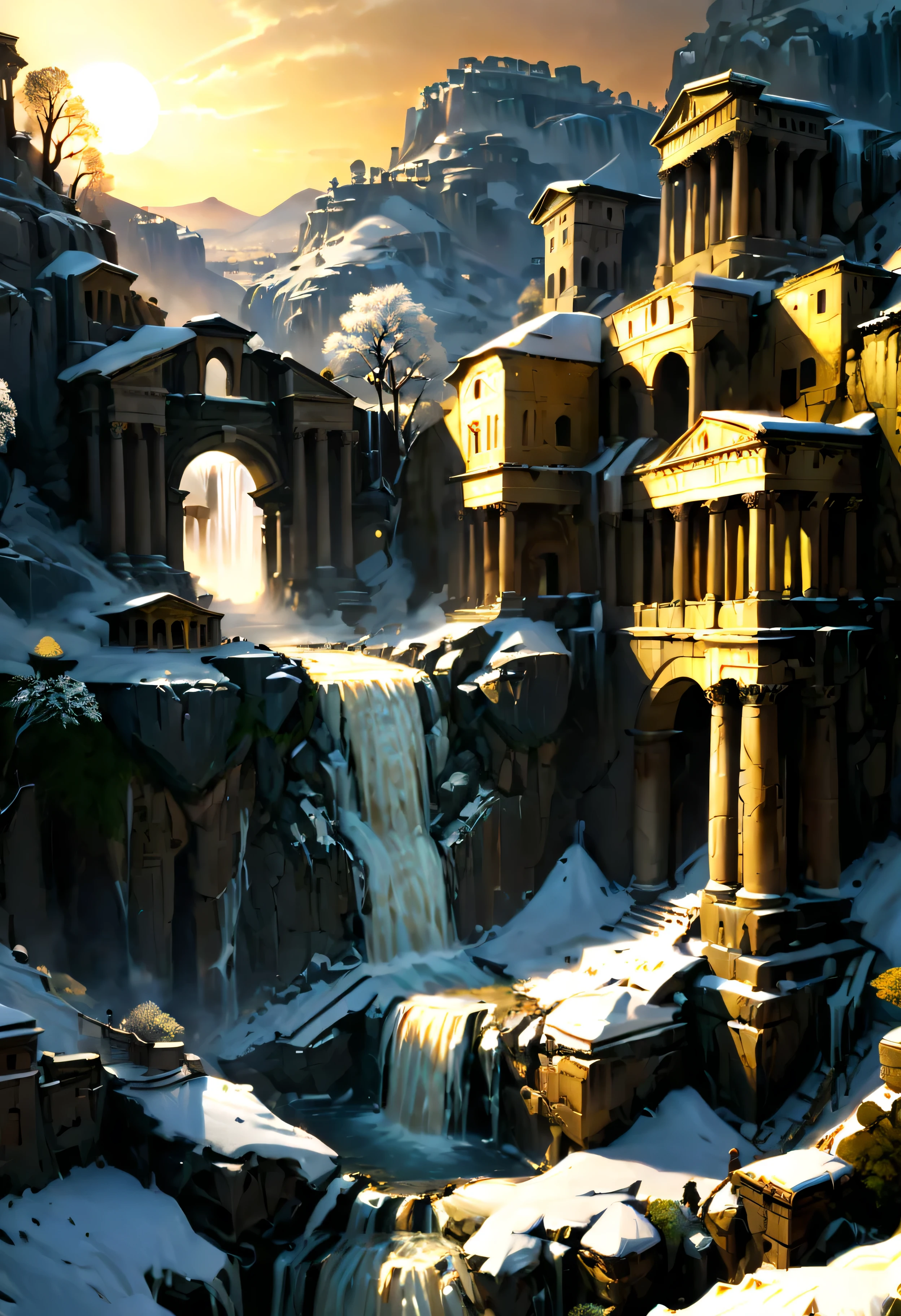 A Pagan Temple overlooks Ancient Roman city with Majestic Freezing Waterfall, mesmerizing freezing waterfall by Sunset light,((golden hour time):1.2),((Ancient Roman City):1.2),((Snow covered trees):1.1), delicate golden hour light, amazing wallpapers, beautiful surroundings, optimistic matte painting, Beautiful digital artwork, Ancient Roman City background, Beautiful and detailed scenes, UHD underground, UHD landscape, Majestic concept art, beautiful Ancient City. |(Masterpiece in maximum 16K resolution), the best quality, (very detailed CG unity 16k wallpaper quality),(Soft colors 16k highly detailed digital art),Super Detailed. | Perfect image,16k UE5,official painting, superfine, Depth of field, no contrast, clean sharp focus, professional, No blurring. | (((More detail))).