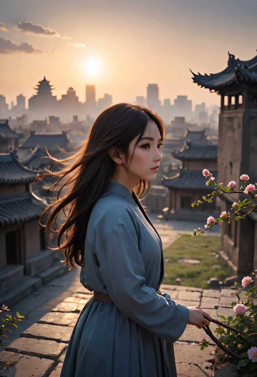 (masterpiece, top quality, best quality, official art, Beautiful and beautiful:1.2), contour，backlight，chiaroscuro，vignette，Cinema lighting，film grain,1 girl,模特拍照姿势站在ancient city房屋的顶端，flowing long hair，Gaze at the distant skyline，那Sunset余晖与古老的the forbidden city映造出一道美丽的风景，west wind blows girl&#39;Long hair on the ancient road，the forbidden city，Sunset，Sunset，cloud，fallen flowers，ancient city，dead tree，mottled，grassland，Silent and desolate，