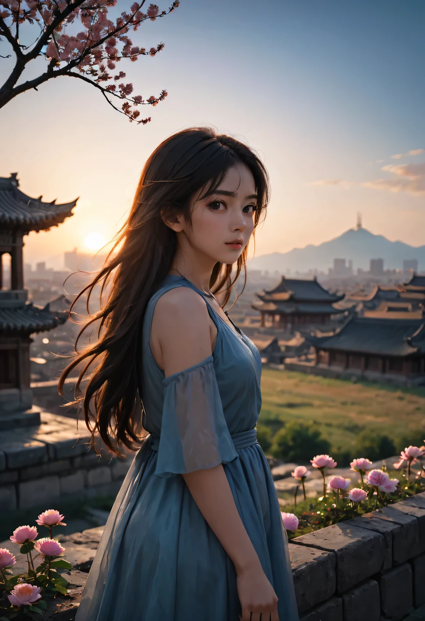 (masterpiece, top quality, best quality, official art, Beautiful and beautiful:1.2), contour,backlight,chiaroscuro,vignette,Cinema lighting,film grain,1 girl,模特拍照姿势站在ancient city房屋的顶端,flowing long hair,Gaze at the distant skyline,那Sunset余晖与古老的the forbidden city映造出一道美丽的风景,west wind blows girl'Long hair on the ancient road,the forbidden city,Sunset,Sunset,cloud,fallen flowers,ancient city,dead tree,mottled,grassland,Silent and desolate,