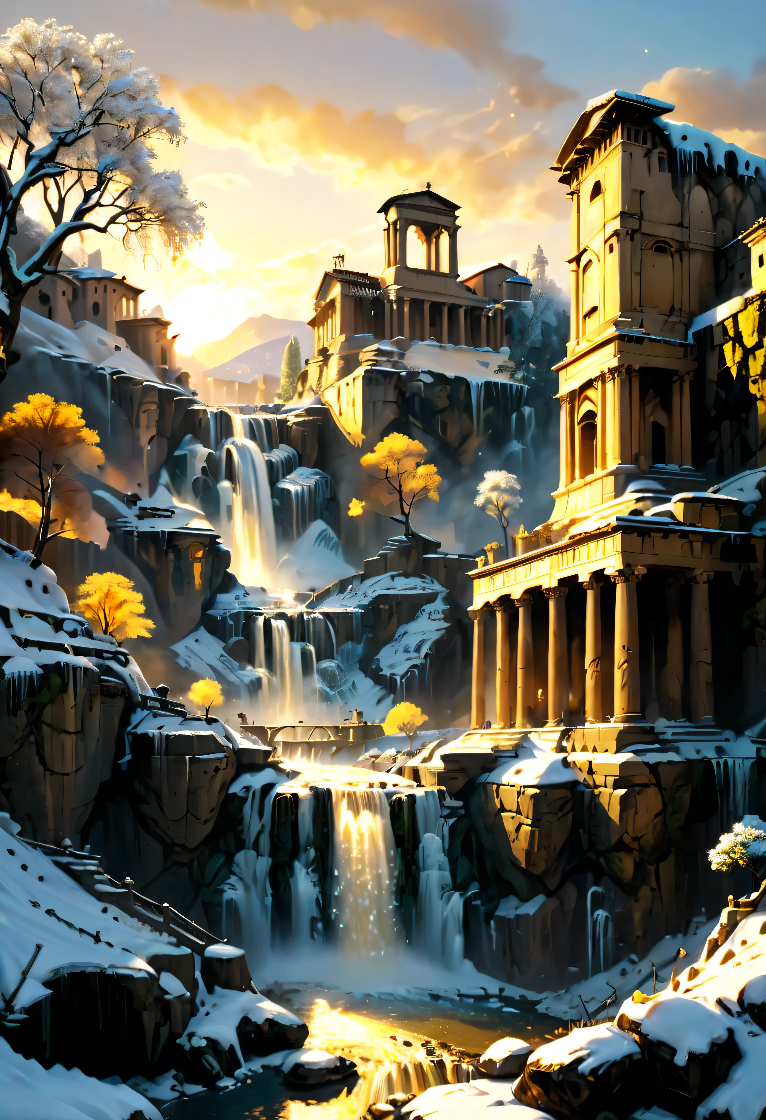 A Pagan Temple overlooks Ancient Roman city with Majestic Freezing Waterfall, mesmerizing freezing waterfall by Sunset light,((golden hour time):1.2),((Ancient Roman City):1.2),((Snow covered trees):1.1), delicate golden hour light, amazing wallpapers, beautiful surroundings, optimistic matte painting, Beautiful digital artwork, Ancient Roman City background, Beautiful and detailed scenes, UHD underground, UHD landscape, Majestic concept art, beautiful Ancient City. |(Masterpiece in maximum 16K resolution), the best quality, (very detailed CG unity 16k wallpaper quality),(Soft colors 16k highly detailed digital art),Super Detailed. | Perfect image,16k UE5,official painting, superfine, Depth of field, no contrast, clean sharp focus, professional, No blurring. | (((More detail))).