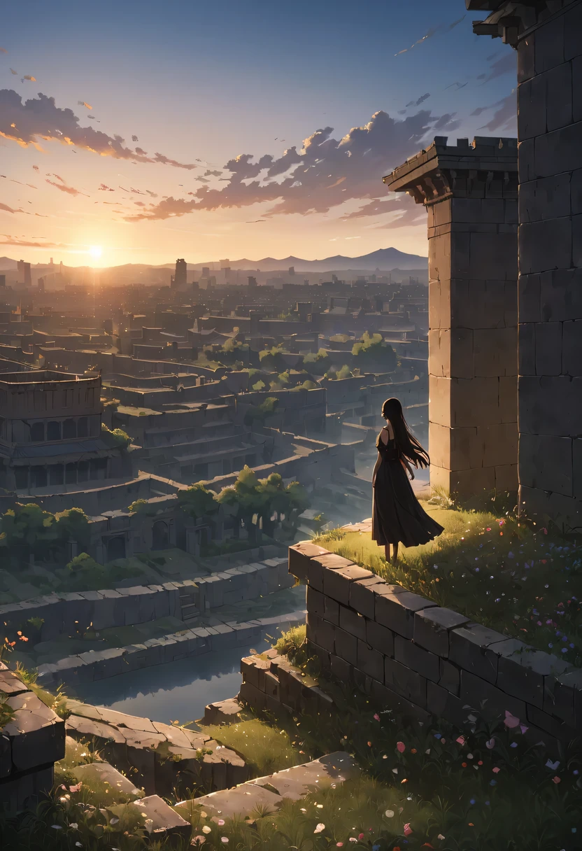 (masterpiece, top quality, best quality, official art, Beautiful and beautiful:1.2), contour，backlight，chiaroscuro，1 girl,模特拍照姿势站在ancient city房屋的顶端，flowing long hair，Gaze at the distant skyline，那Sunset余晖与古老的the forbidden city映造出一道美丽的风景，west wind blows girl&#39;Long hair on the ancient road，the forbidden city，Sunset，Sunset，cloud，fallen flowers，ancient city，dead tree，mottled，grassland，Silent and desolate，