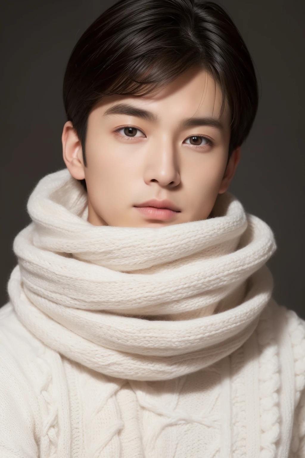 highest quality, masterpiece, Super high resolution, (realistic: 1.4), Original photo, wallpaper, head photo, skin, simple background, black eye, detailed, Self snap, 1 boy, 18-year-old, Handsome, they want、room、素晴らしいHandsome男、center part、fresh、not too thick eyebrows、orthodox christianity、muscle tissue、front、Korean、double、white neck warmer、Winter clothes、