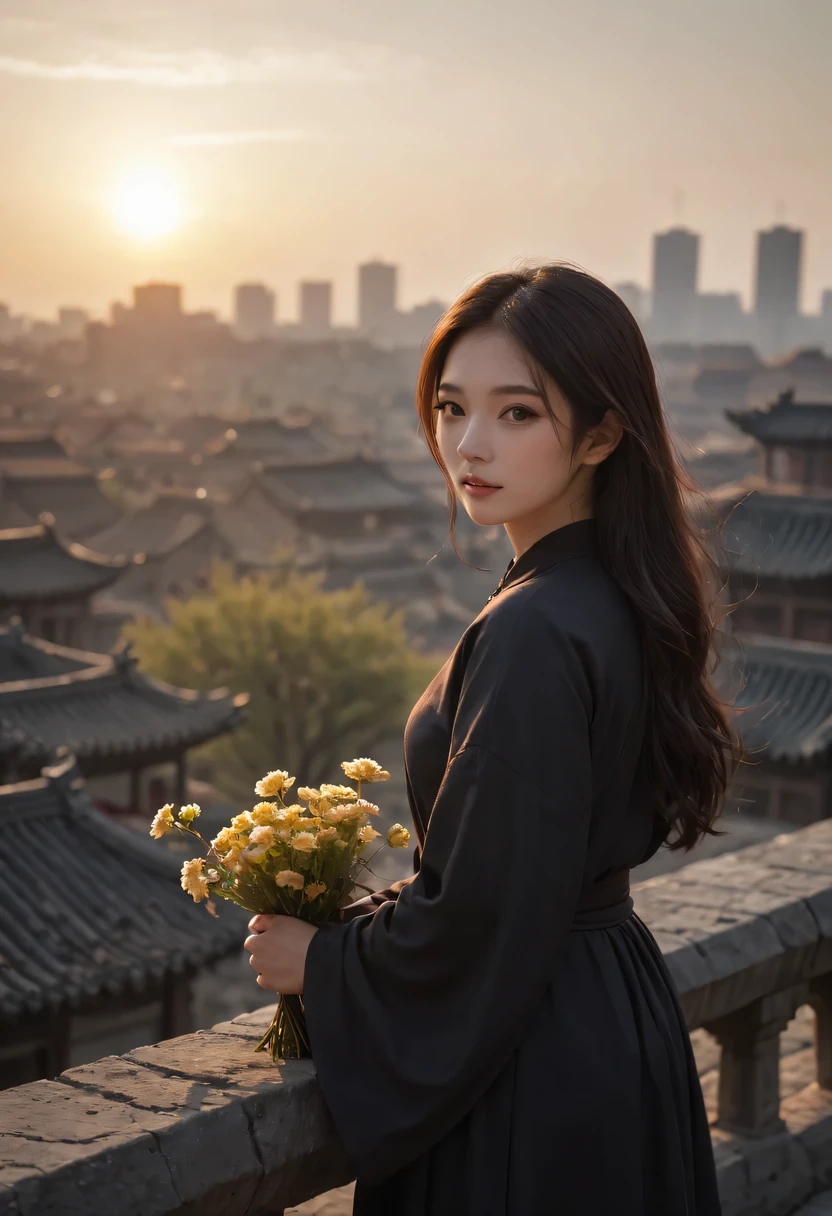 (masterpiece, top quality, best quality, official art, Beautiful and beautiful:1.2), contour，backlight，chiaroscuro，vignette，Light effect，film grain,1 girl,模特拍照姿势站在ancient city房屋的顶端，flowing long hair，Gaze at the distant skyline，那Sunset余晖与古老的the forbidden city映造出一道美丽的风景，west wind blows girl&#39;Long hair on the ancient road，the forbidden city，Sunset，Sunset，cloud，fallen flowers，ancient city，dead tree，mottled，grassland，Silent and desolate，