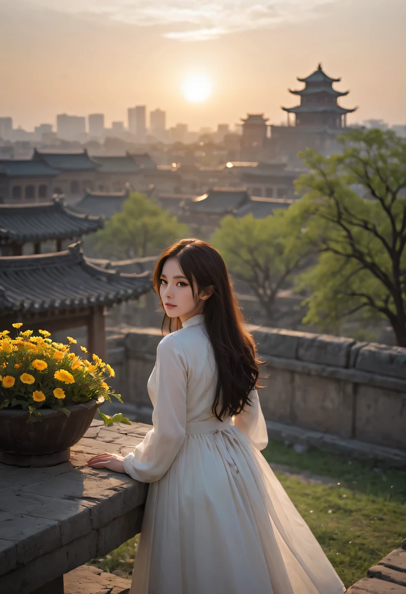 (masterpiece, top quality, best quality, official art, Beautiful and beautiful:1.2), contour,backlight,chiaroscuro,vignette,Light effect,film grain,1 girl,模特拍照姿势站在ancient city房屋的顶端,flowing long hair,Gaze at the distant skyline,那Sunset余晖与古老的the forbidden city映造出一道美丽的风景,west wind blows girl'Long hair on the ancient road,the forbidden city,Sunset,Sunset,cloud,fallen flowers,ancient city,dead tree,mottled,grassland,Silent and desolate,