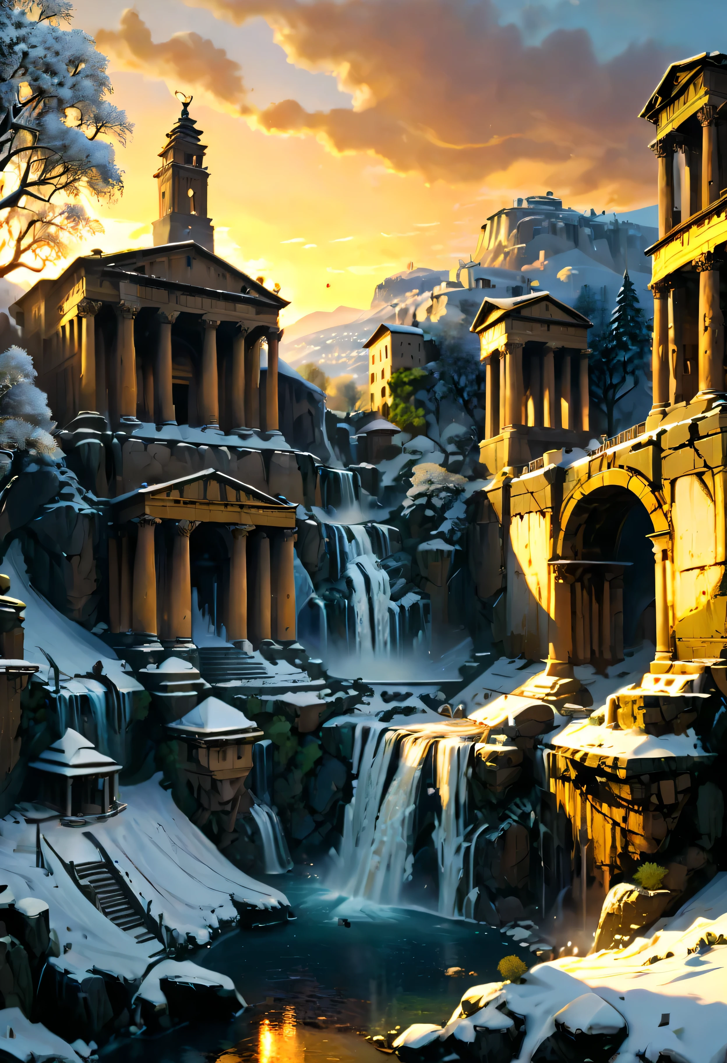 A Pagan Temple overlooks Ancient Roman city with Majestic Freezing Waterfall, mesmerizing freezing waterfall by Sunset light,((golden hour time):1.2),((Ancient Roman City):1.2),((Snow covered trees):1.1), delicate golden hour light, amazing wallpapers, beautiful surroundings, optimistic matte painting, Beautiful digital artwork, Ancient Roman City background, Beautiful and detailed scenes, UHD underground, UHD landscape, Majestic concept art, beautiful Ancient City. |(Masterpiece in maximum 16K resolution), the best quality, (very detailed CG unity 16k wallpaper quality),(Soft colors 16k highly detailed digital art),Super Detailed. | Perfect image,16k UE5,official painting, superfine, Depth of field, no contrast, clean sharp focus, professional, No blurring. | (((More detail))).