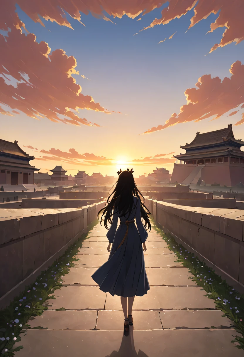 (masterpiece, top quality, best quality, official art, Beautiful and beautiful:1.2), contour，backlight，chiaroscuro，1 girl,模特拍照姿势站在ancient city房屋的顶端，flowing long hair，Gaze at the distant skyline，那Sunset余晖与古老的the forbidden city映造出一道美丽的风景，west wind blows girl&#39;Long hair on the ancient road，the forbidden city，Sunset，Sunset，cloud，fallen flowers，ancient city，dead tree，mottled，grassland，Silent and desolate，