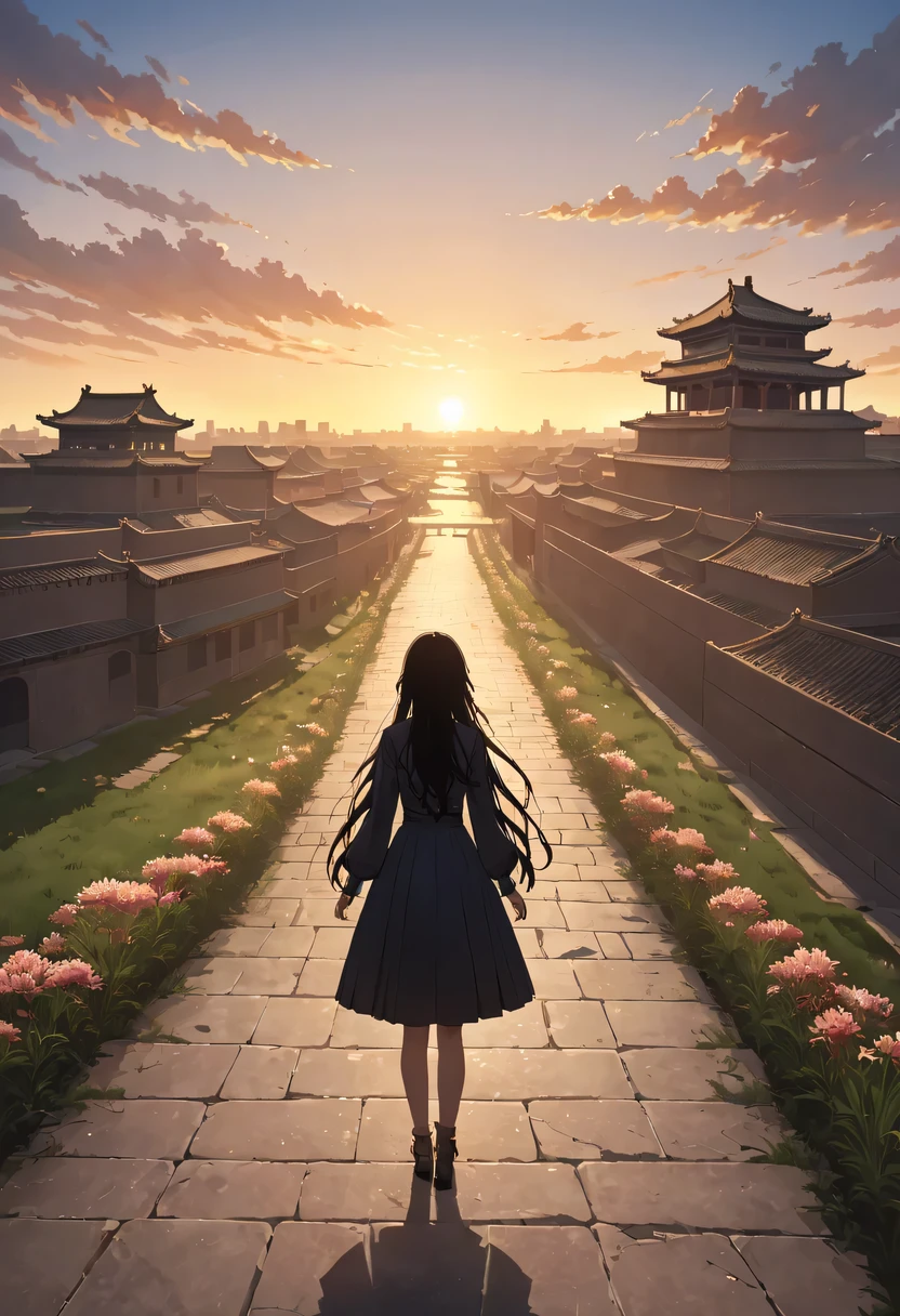 (masterpiece, top quality, best quality, official art, Beautiful and beautiful:1.2), contour，backlight，chiaroscuro，1 girl,模特拍照姿势站在ancient city房屋的顶端，flowing long hair，Gaze at the distant skyline，那Sunset余晖与古老的the forbidden city映造出一道美丽的风景，west wind blows girl&#39;Long hair on the ancient road，the forbidden city，Sunset，Sunset，cloud，fallen flowers，ancient city，dead tree，mottled，grassland，Silent and desolate，