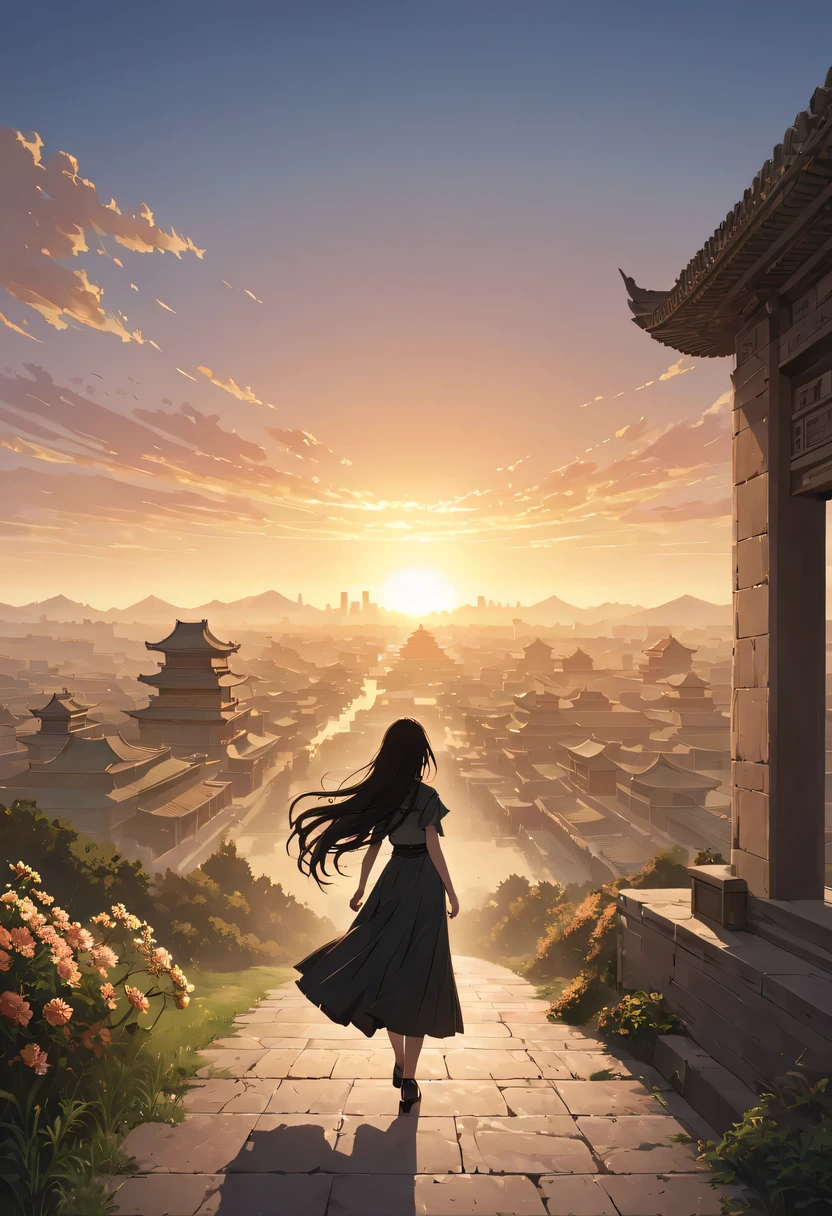 (masterpiece, top quality, best quality, official art, Beautiful and beautiful:1.2), contour，backlight，chiaroscuro，1 girl,模特拍照姿势站在ancient city房屋的顶端，flowing long hair，Gaze at the distant skyline，那Sunset余晖与古老的the forbidden city映造出一道美丽的风景，west wind blows girl&#39;Long hair on the ancient road，the forbidden city，Sunset，Sunset，cloud，fallen flowers，ancient city，dead tree，mottled，grassland，Silent and desolate，