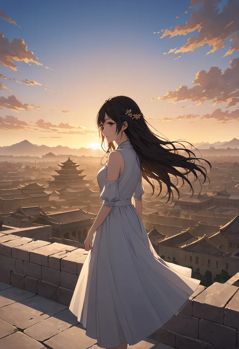 (masterpiece, top quality, best quality, official art, Beautiful and beautiful:1.2), contour，backlight，chiaroscuro，1 girl,模特拍照姿势站在ancient city房屋的顶端，flowing long hair，Gaze at the distant skyline，那Sunset余晖与古老的the forbidden city映造出一道美丽的风景，west wind blows girl&#39;Long hair on the ancient road，the forbidden city，Sunset，Sunset，cloud，fallen flowers，ancient city，dead tree，mottled，grassland，Silent and desolate，