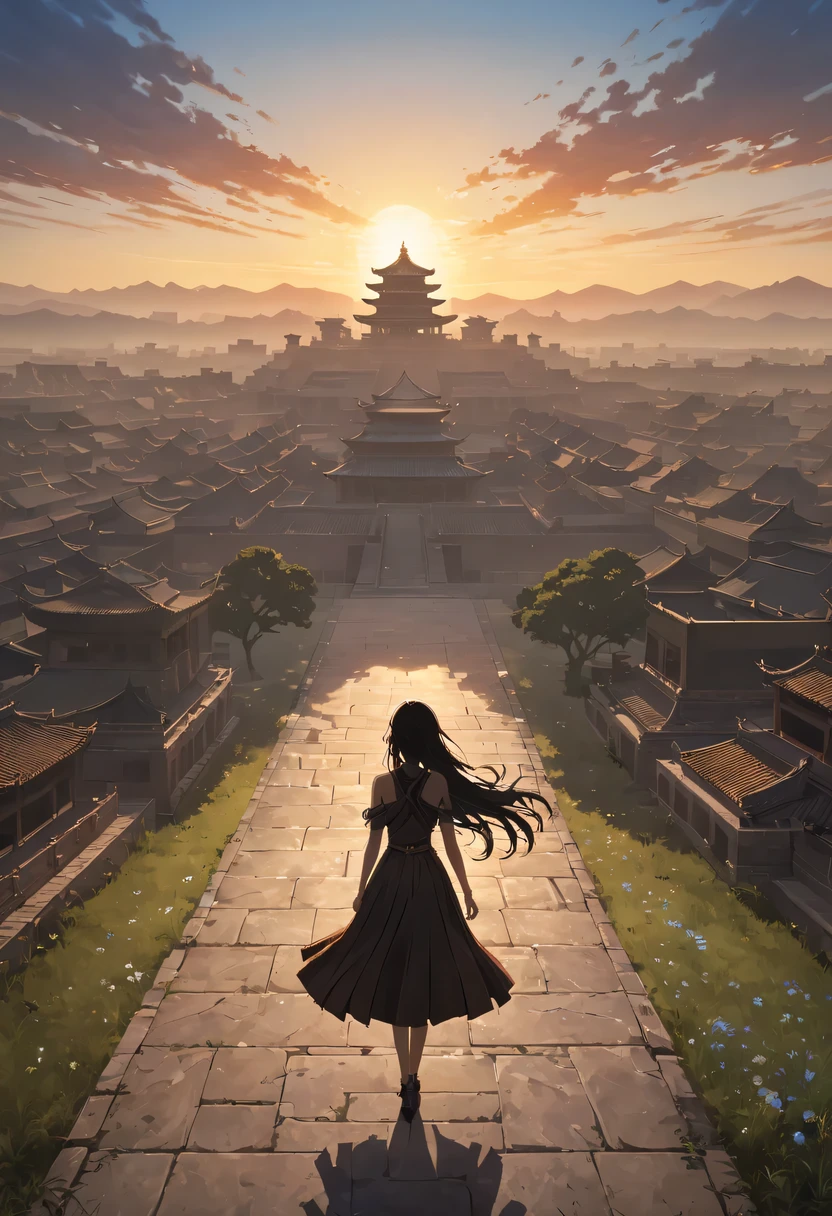 (masterpiece, top quality, best quality, official art, Beautiful and beautiful:1.2), contour，backlight，chiaroscuro，1 girl,模特拍照姿势站在ancient city房屋的顶端，flowing long hair，Gaze at the distant skyline，那Sunset余晖与古老的the forbidden city映造出一道美丽的风景，west wind blows girl&#39;Long hair on the ancient road，the forbidden city，Sunset，Sunset，cloud，fallen flowers，ancient city，dead tree，mottled，grassland，Silent and desolate，