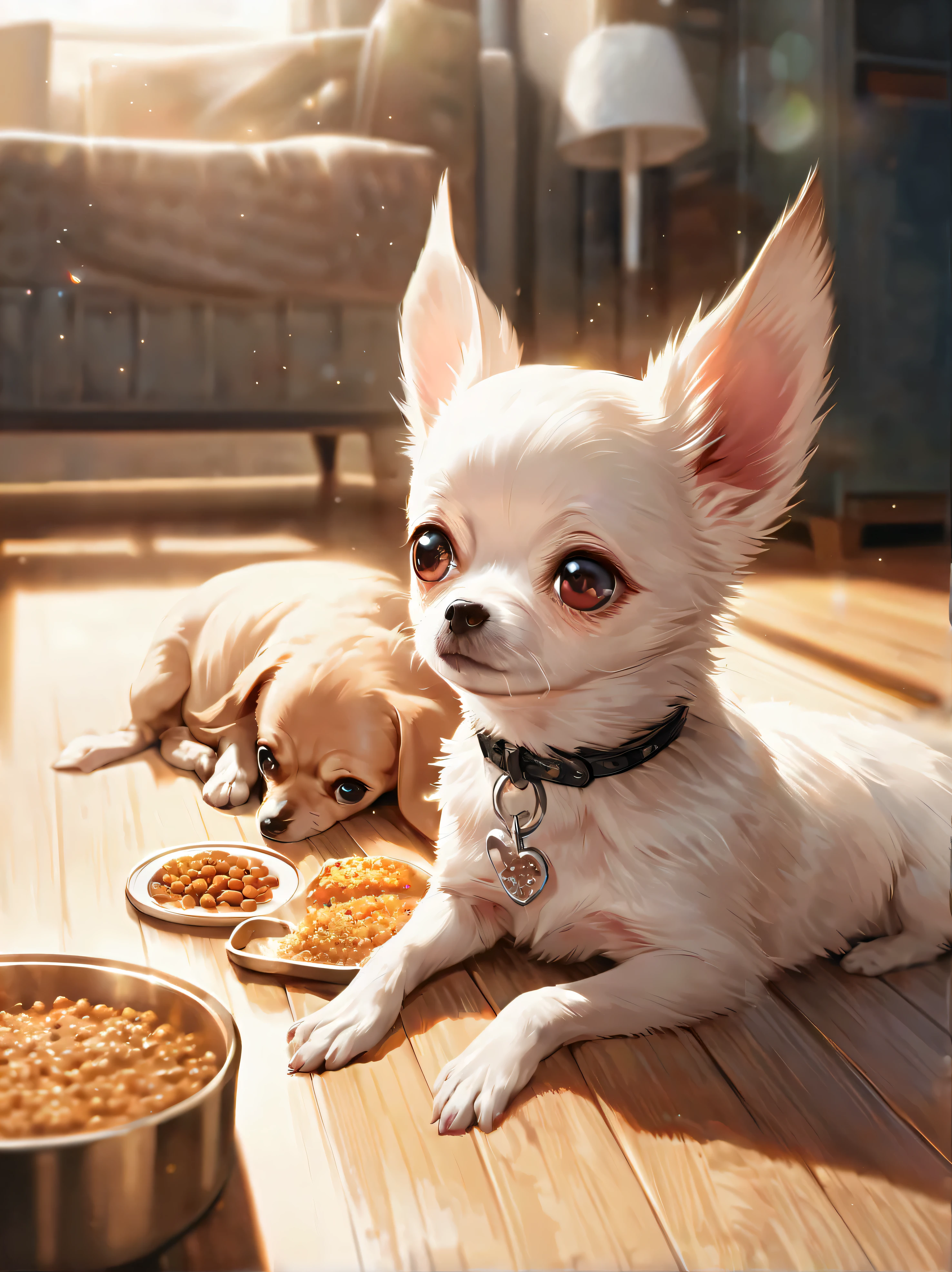chihuahua is waiting for dog food, Chihuahua looking down at food, food is falling on the floor,, beautiful, beautiful, (Super realistic illustration:0.6), 16k, Highly detailed CG Unity 8K wallpaper, Bokeh, (wonderful), highest quality