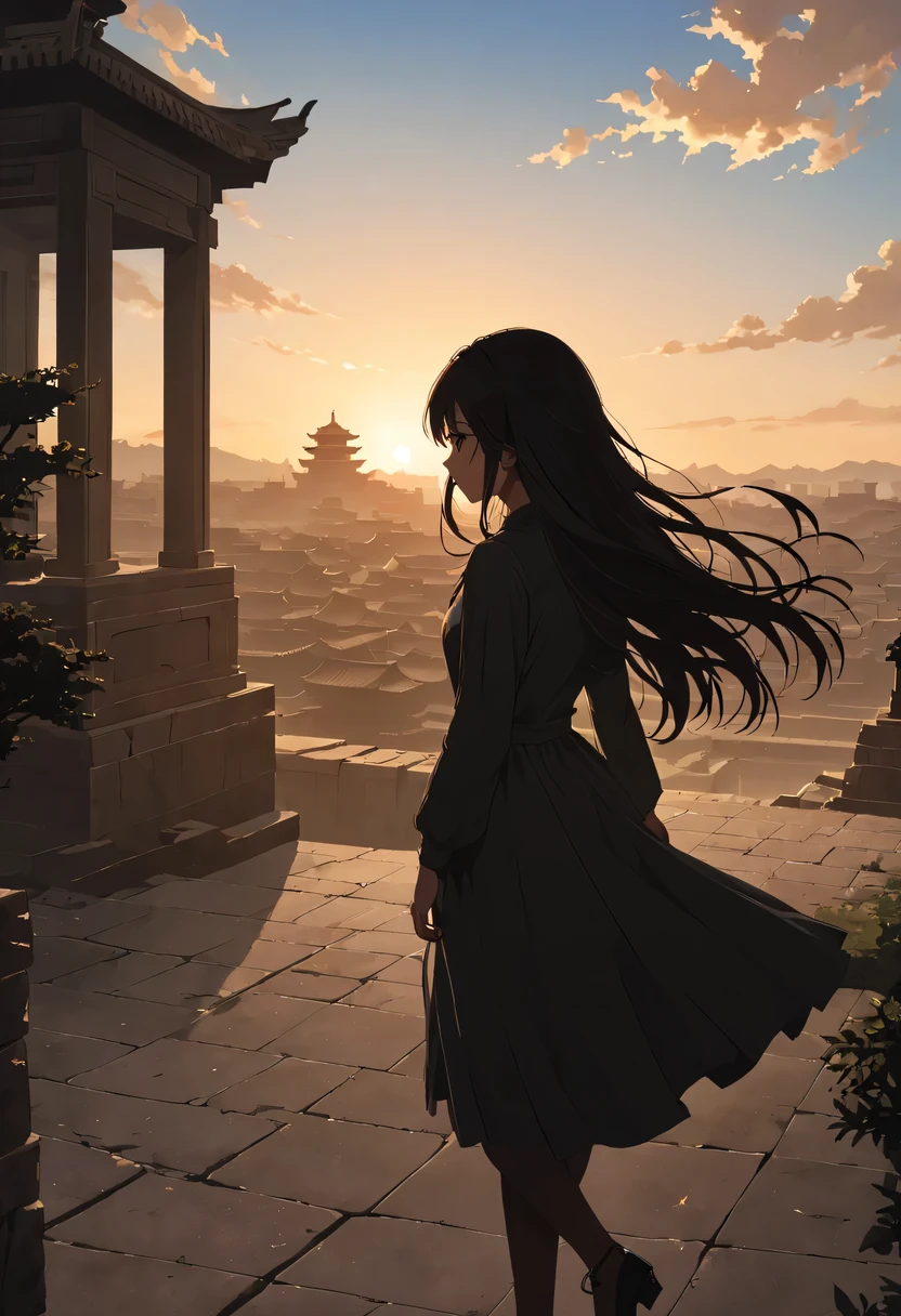 (masterpiece, top quality, best quality, official art, Beautiful and beautiful:1.2), contour，backlight，chiaroscuro，1 girl,模特拍照姿势站在ancient city房屋的顶端，flowing long hair，Gaze at the distant skyline，那Sunset余晖与古老的the forbidden city映造出一道美丽的风景，west wind blows girl&#39;Long hair on the ancient road，the forbidden city，Sunset，Sunset，cloud，fallen flowers，ancient city，dead tree，mottled，grassland，Silent and desolate，