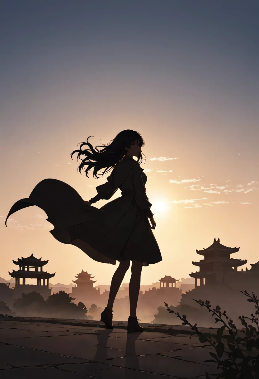 (masterpiece, top quality, best quality, official art, Beautiful and beautiful:1.2), contour，backlight，chiaroscuro，1 girl,模特拍照姿势站在ancient city房屋的顶端，flowing long hair，Gaze at the distant skyline，那Sunset余晖与古老的the forbidden city映造出一道美丽的风景，west wind blows girl&#39;Long hair on the ancient road，the forbidden city，Sunset，Sunset，cloud，fallen flowers，ancient city，dead tree，mottled，grassland，Silent and desolate，