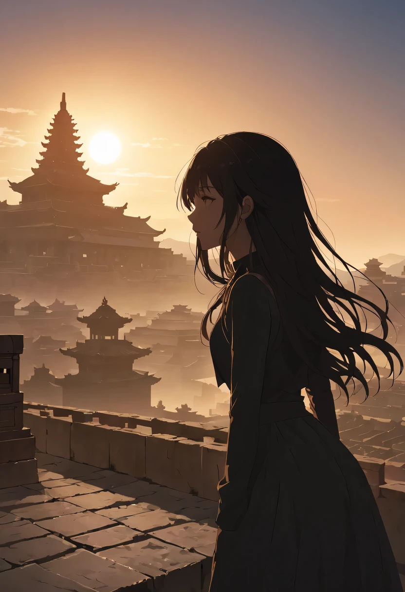 (masterpiece, top quality, best quality, official art, Beautiful and beautiful:1.2), contour，backlight，chiaroscuro，1 girl,模特拍照姿势站在ancient city房屋的顶端，flowing long hair，Gaze at the distant skyline，那Sunset余晖与古老的the forbidden city映造出一道美丽的风景，west wind blows girl&#39;Long hair on the ancient road，the forbidden city，Sunset，Sunset，cloud，fallen flowers，ancient city，dead tree，mottled，grassland，Silent and desolate，