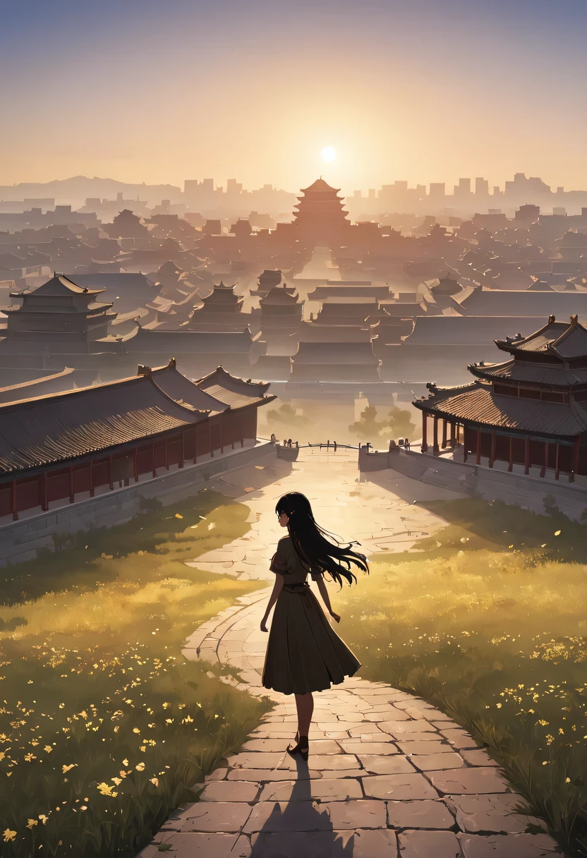 (masterpiece, top quality, best quality, official art, Beautiful and beautiful:1.2), contour，backlight，chiaroscuro，1 girl,模特拍照姿势站在ancient city房屋的顶端，flowing long hair，Gaze at the distant skyline，那Sunset余晖与古老的the forbidden city映造出一道美丽的风景，west wind blows girl&#39;Long hair on the ancient road，the forbidden city，Sunset，Sunset，cloud，fallen flowers，ancient city，dead tree，mottled，grassland，Silent and desolate，