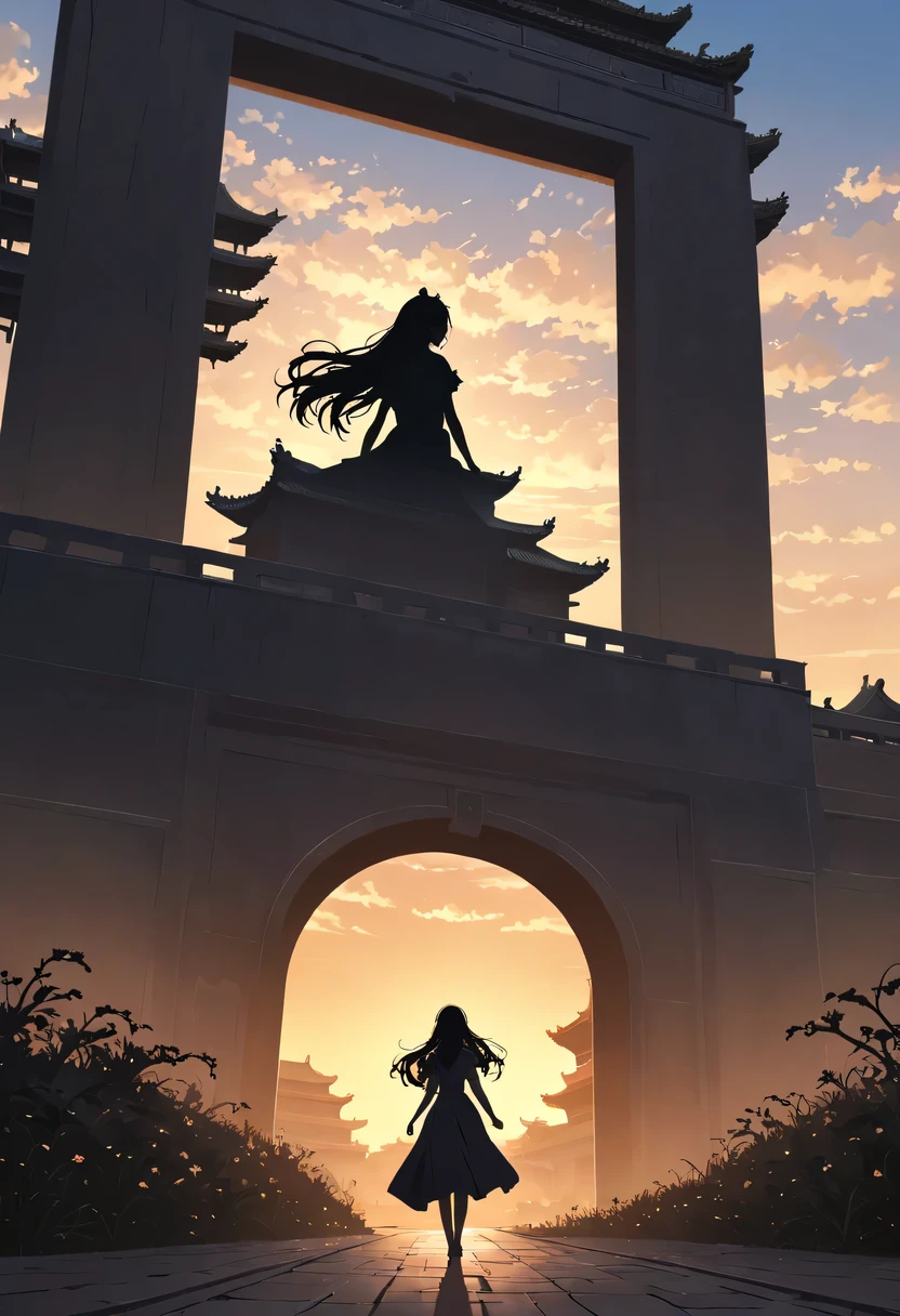 (masterpiece, top quality, best quality, official art, Beautiful and beautiful:1.2), (contour:1.3),backlight,1 girl,模特拍照姿势站在ancient city房屋的顶端,flowing long hair,Gaze at the distant skyline,那Sunset余晖与古老的the forbidden city映造出一道美丽的风景,west wind blows girl'Long hair on the ancient road,the forbidden city,Sunset,Sunset,cloud,fallen flowers,ancient city,dead tree,mottled,grassland,Silent and desolate,