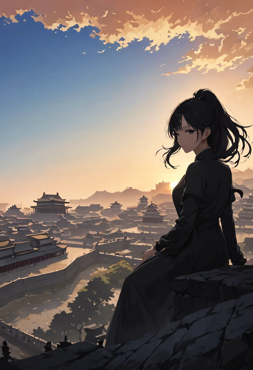 (masterpiece, top quality, best quality, official art, Beautiful and beautiful:1.2), contour，backlight，chiaroscuro，1 girl,模特拍照姿势站在ancient city房屋的顶端，flowing long hair，Gaze at the distant skyline，那Sunset余晖与古老的the forbidden city映造出一道美丽的风景，west wind blows girl&#39;Long hair on the ancient road，the forbidden city，Sunset，Sunset，cloud，fallen flowers，ancient city，dead tree，mottled，grassland，Silent and desolate，