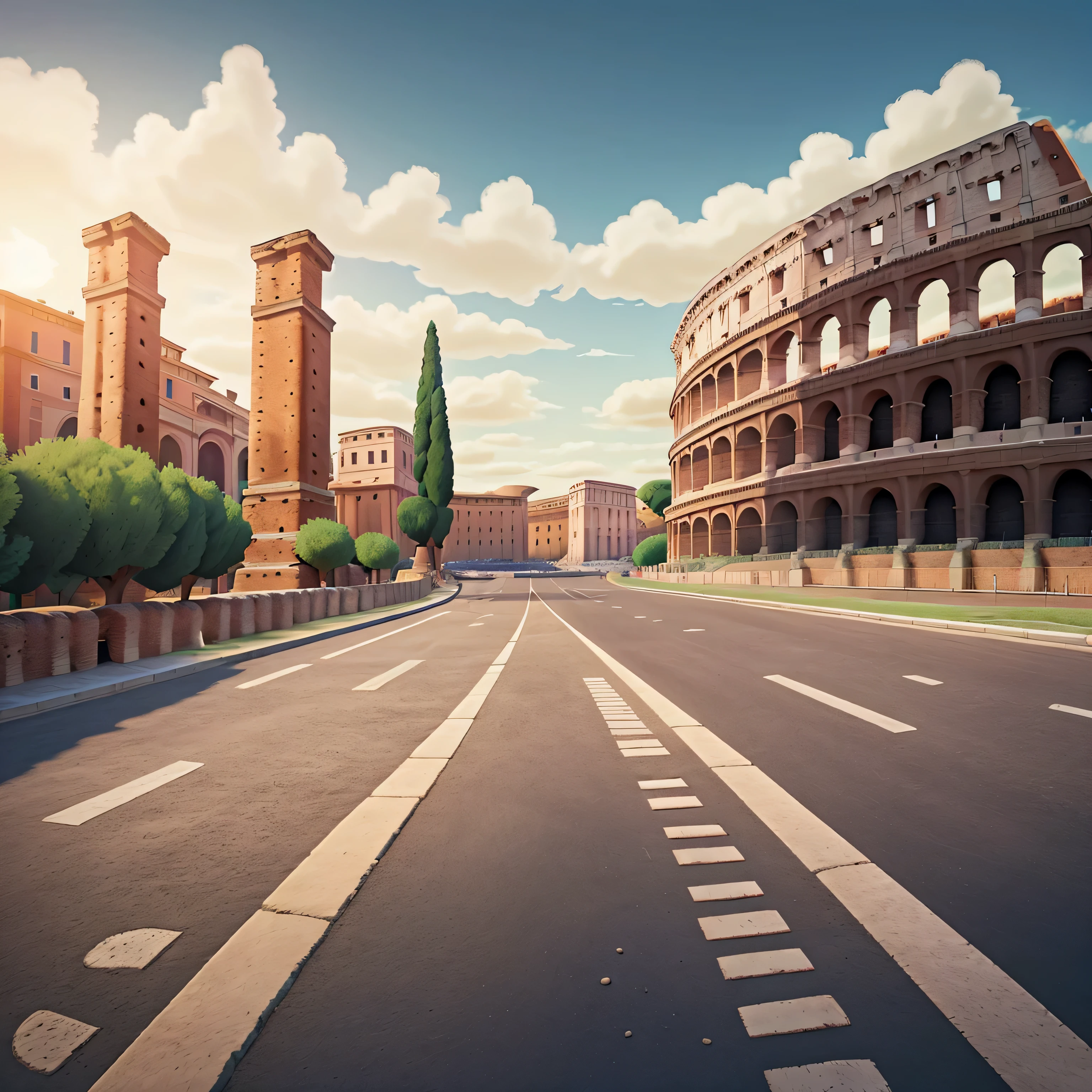 there is a cartoon picture of a street in front of a building, coliseum background, all roads lead to rome, coliseum backdrop, coliseum of rome, roman coliseum, rome backdrop, in a gladiators arena landscape, rome, roma, colosseo, colosseum, cartoon style illustration, detailed 2d illustration, best on adobe stock, coliseum