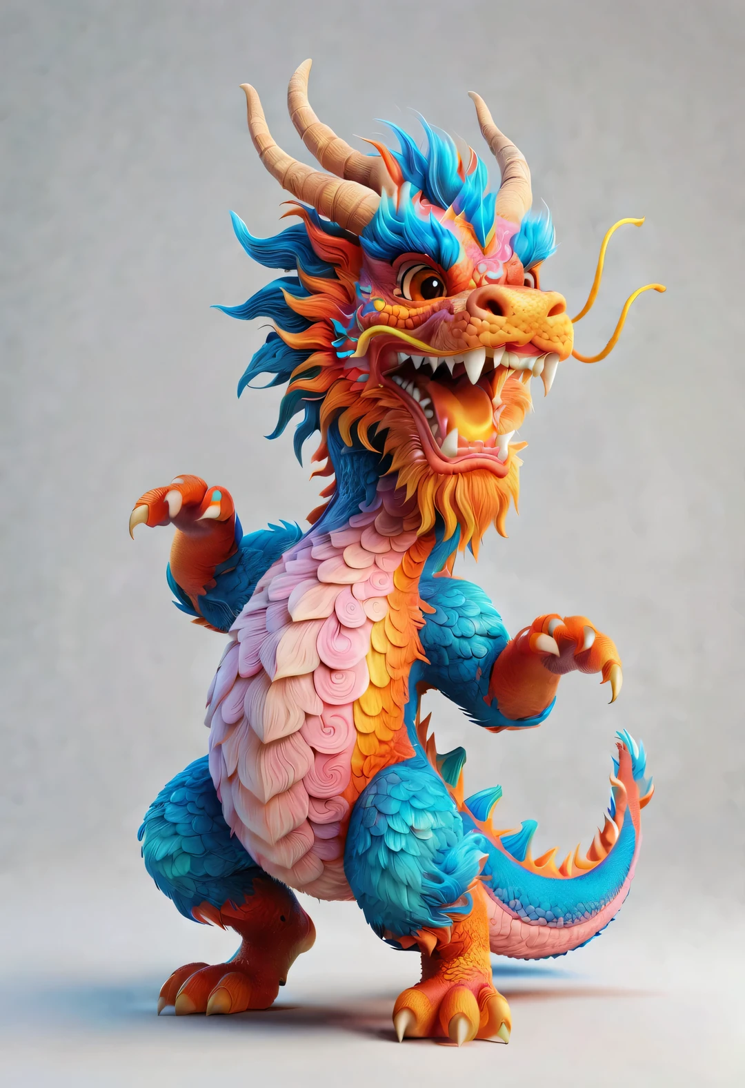 3d rendering, realistic fur, role conception,
(Cute zodiac dragons，Head held high，exaggerate, take big steps), dynamic action, orange fur, big blue eyes, Squint your eyes and smile mischievously (Eyes narrowed into crescent shapes), Wearing scarlet clothes, range mark drawing, monochrome, brush outline, 4K, soft pink, interesting, elevation angle, lower to up shoot,