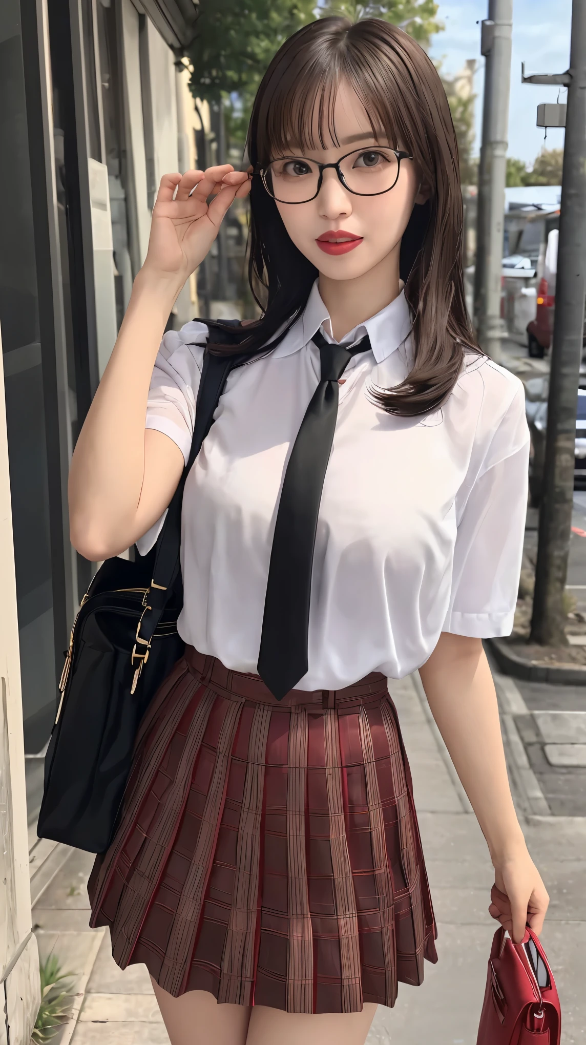 masterpiece, best quality, ultra-detailed, illustration,, (paisura:1.4), 1girl, glasses, big breasts, necktie, sexy skirt, bag, extreme micro thin bunny theme red small size string red G-string, black hair, outdoors, road, between breasts, street, school bag, ground vehicle, danchi, japan,,  slender body 