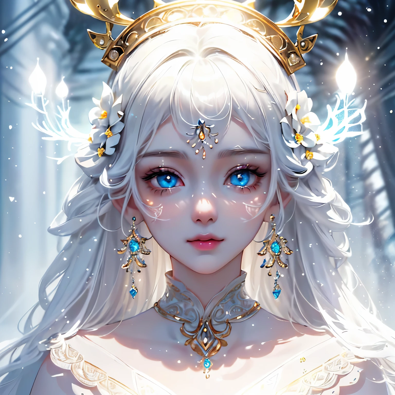 (Ultra-Detailed:1.2), (8K, Best Quality), (Face Close-Up), (Masterpiece:1.2), (Illustration:1.2), (Shiny Skin), (Cinematic Lighting), (1Girl), (Glowing Eyes), (Glamorous Hairstyle), Pinterest Trends, DeviantArt Trends, (Delicate Detailed), (Intricate Details), (Octane Render), (Glowing Accessories), (Detailed Glowing Snow Background:1.2), (White Glamorous Costume), (Bright Colors), (Detailed Big Headpiece:1.2)