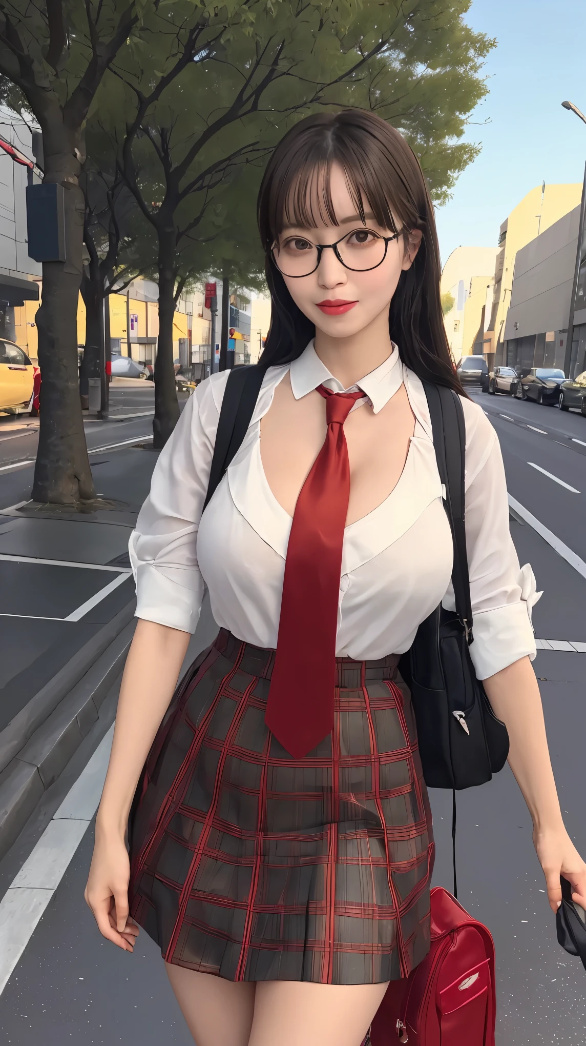 masterpiece, best quality, ultra-detailed, illustration,, (paisura:1.4), 1girl, glasses, big breasts, necktie, sexy skirt, bag, extreme micro thin bunny theme red small size string red G-string, black hair, outdoors, road, between breasts, street, school bag, ground vehicle, danchi, japan,,  slender body 