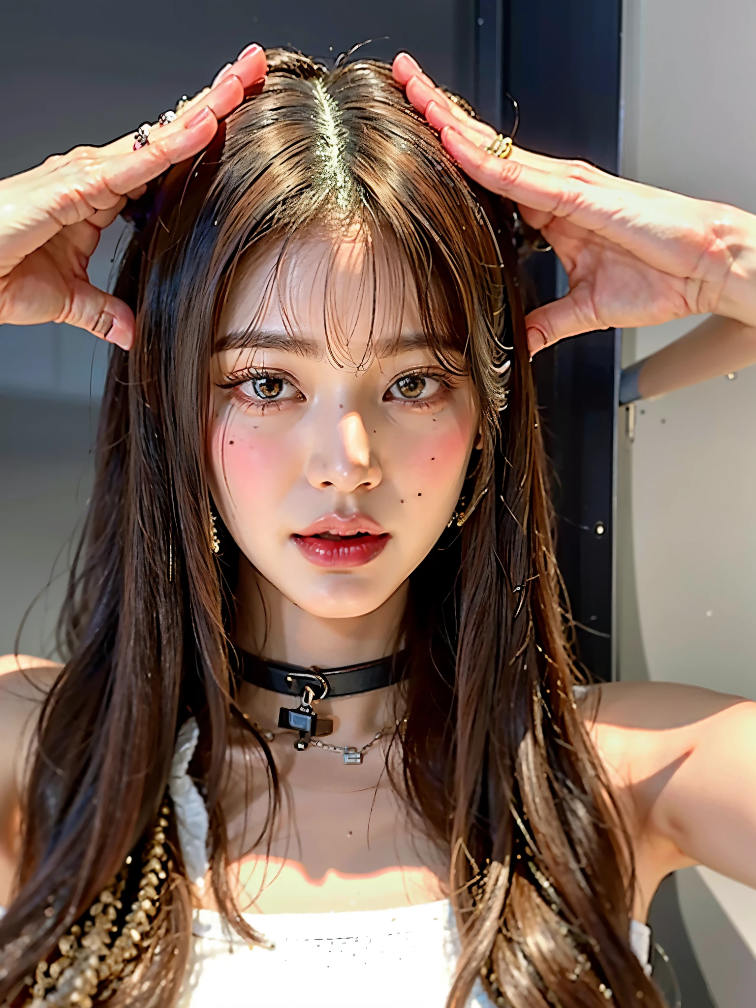 Mujer arafed con pelo largo y gargantilla posando para una foto., Lalisa Manobal, Lalisa Manoban de Blackpink, el corte de hime, retrato de jossi de blackpink, Yoshitomo Nara, con flequillo, jaeyeon nam, 8k selfie photography, pale korean adorable face, flequillo largo y recto