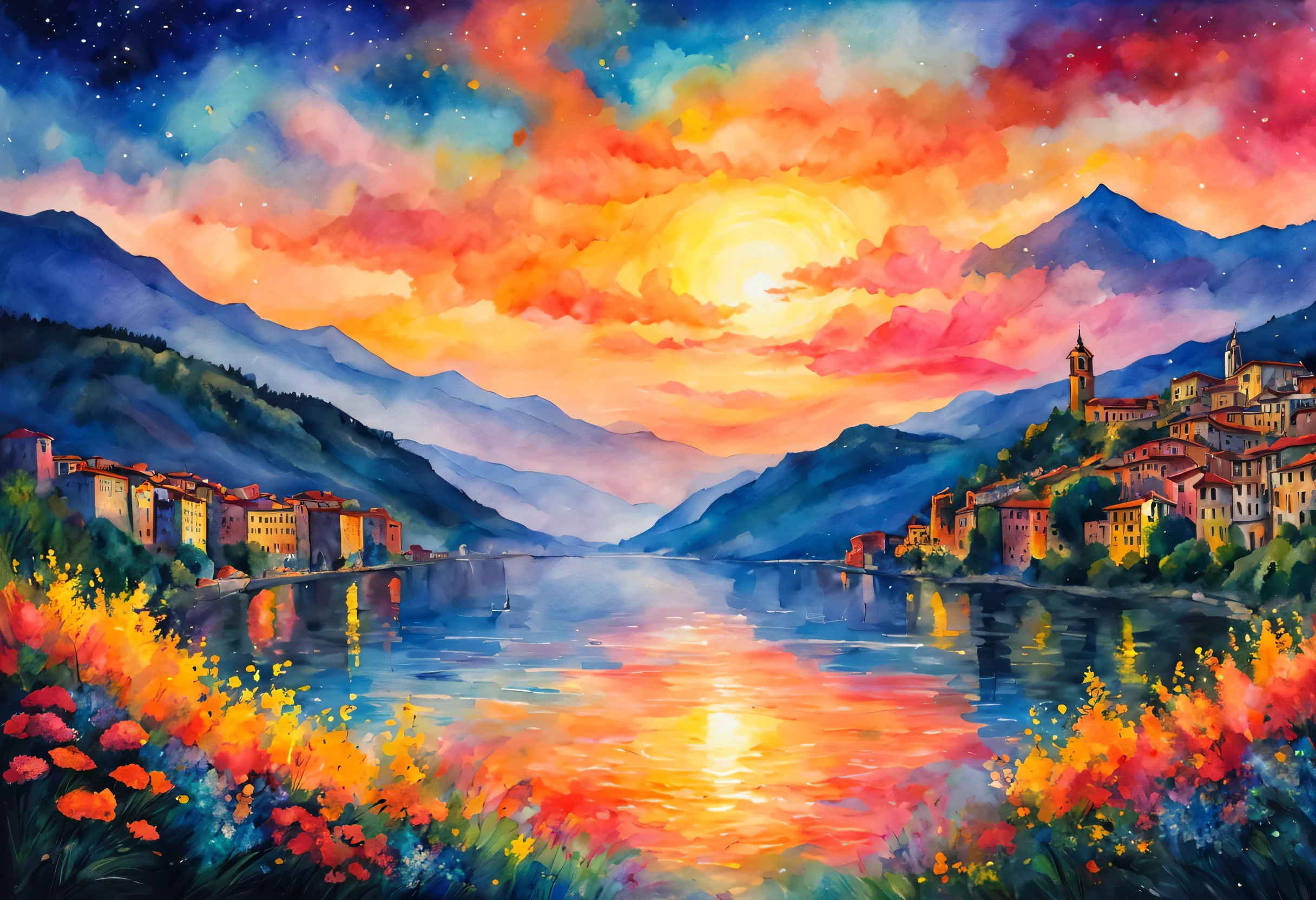 空に広がるsunset,landscape,watercolor painting,lightのカーテン,colorful,rich colors,dream-like,wonderful,bless,lightの粒,masterpiece,become familiar with,magic effect,light, breathtaking renderings, in a radiant connection, Inspired by Kinuko Y. , magic elements, , Is beautiful, colorfulな呪文を唱える, 明るいflash, flash,Van Goffo&#39;painting style,florence,sunset