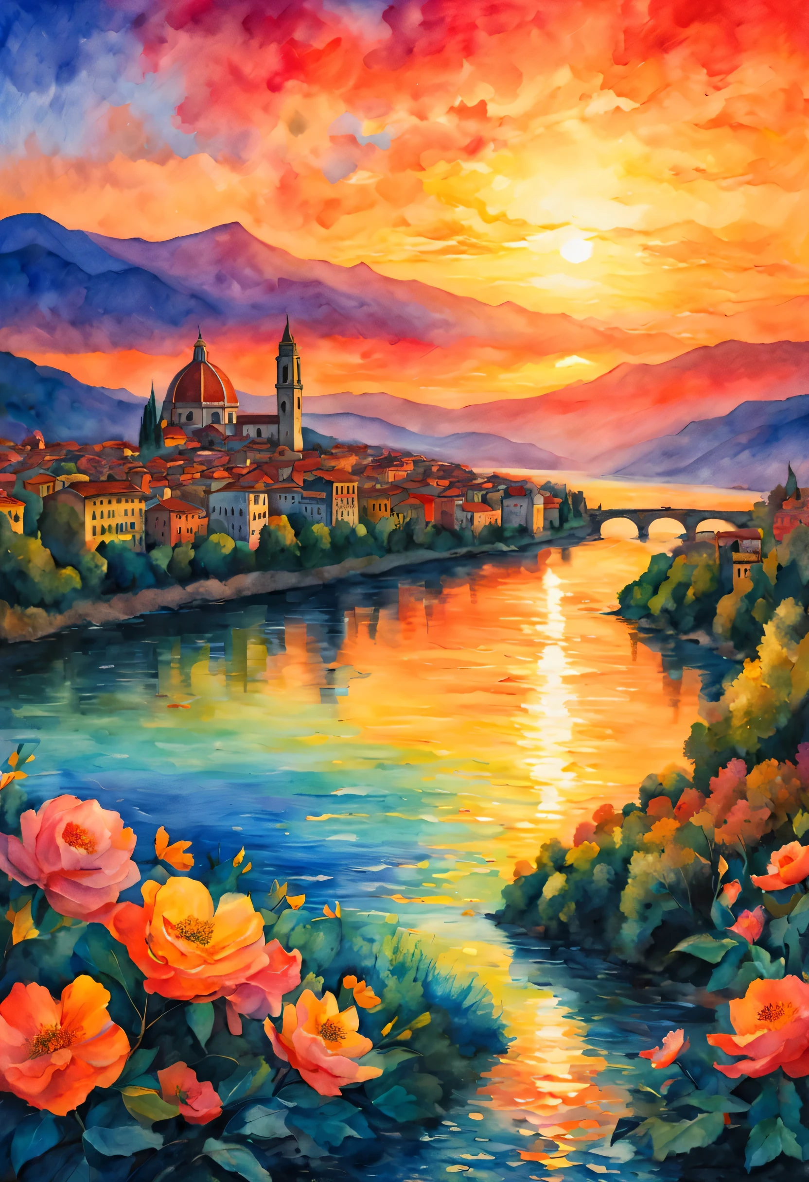 空に広がるsunset,landscape,watercolor painting,lightのカーテン,colorful,rich colors,dream-like,wonderful,bless,lightの粒,masterpiece,become familiar with,magic effect,light, breathtaking renderings, in a radiant connection, Inspired by Kinuko Y. , magic elements, , Is beautiful, colorfulな呪文を唱える, 明るいflash, flash,Van Goffo&#39;painting style,florence,sunset