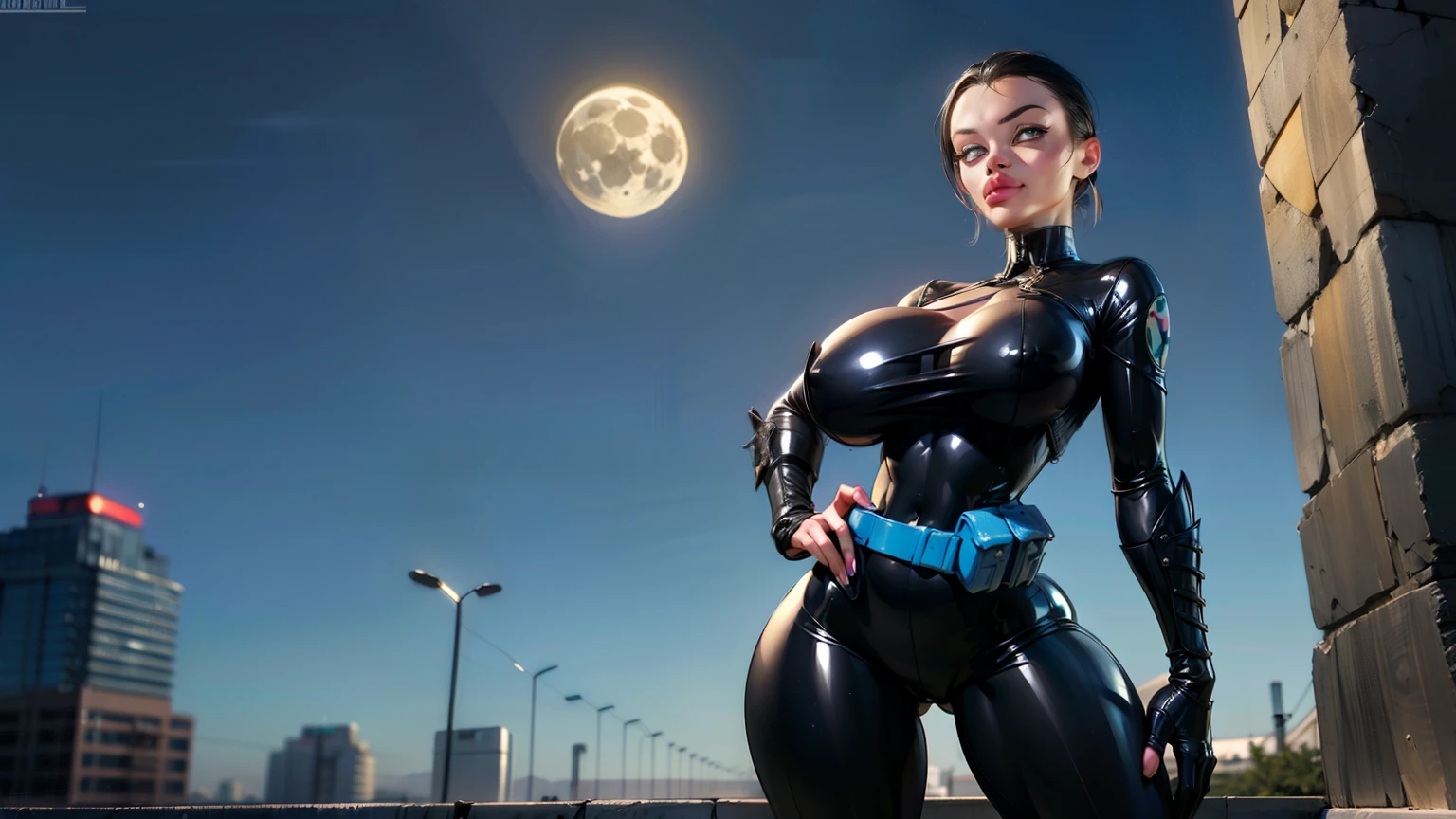 Lean fit agent honeydew girl from the dark knight stands imposing in a gothic lost city. Blue bodysuit, black hair, (gigantic breasts), Moonlight highlights her fit and lean figure. Slender hips, (hip dips), intricate bodysuit, logo on shoulder, (black utility belt), The scenery is grim and mysterious, with futuristic tech and surroundings. The camera details everything, (((masterpiece)))