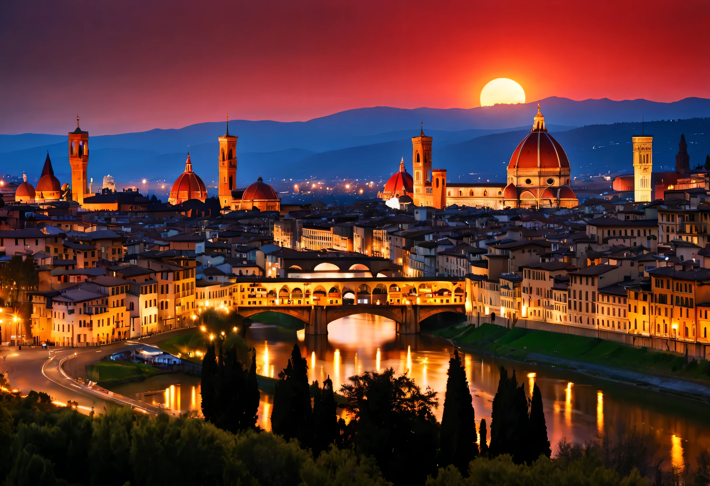 夕焼け色に染まるflorence,madder red,Red gradient,beautiful sunset,Italy,florence,be familiar with,dramatic,masterpiece,Cast colorful spells,rich colors,old fashioned colors,Traditional,Professionally taken photos