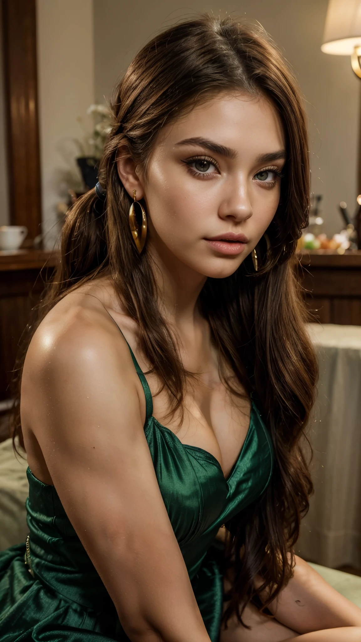 (best quality,4k,highres,masterpiece:1.2),ultra-detailed,(realistic,photo-realistic:1.37), woman with twintailed brown hair and honey-colored eyes, entire body, wearing a dark green gown (modern café at sunset),stunning blue eyes,beautiful detailed lips,medium-light skin tone,impeccably groomed eyebrows, sasha grey, portrait sophie mudd, 24 years old, madison beer girl portrait, violet myers, she looks like a mix of grimes, maggie lindemann, very pretty model, arian mark, natural makeup, flawless complexion,well-defined cheekbones,soft and radiant lighting,subtle blush on her cheeks,attention to every detail,twintails hair,lovely dark green gown with gold patterns,expressive eyes with long eyelashes,meticulously drawn eyeliner,gently applied eyeshadow,red lipstick,colored nail polish,gold earrings that catch the light,natural and soft-looking makeup,great attention to the texture and shine of the hair,pleasant background with a touch of pastel colors,vivid colors that enhance the overall picture,impressive realism and high level of detail.