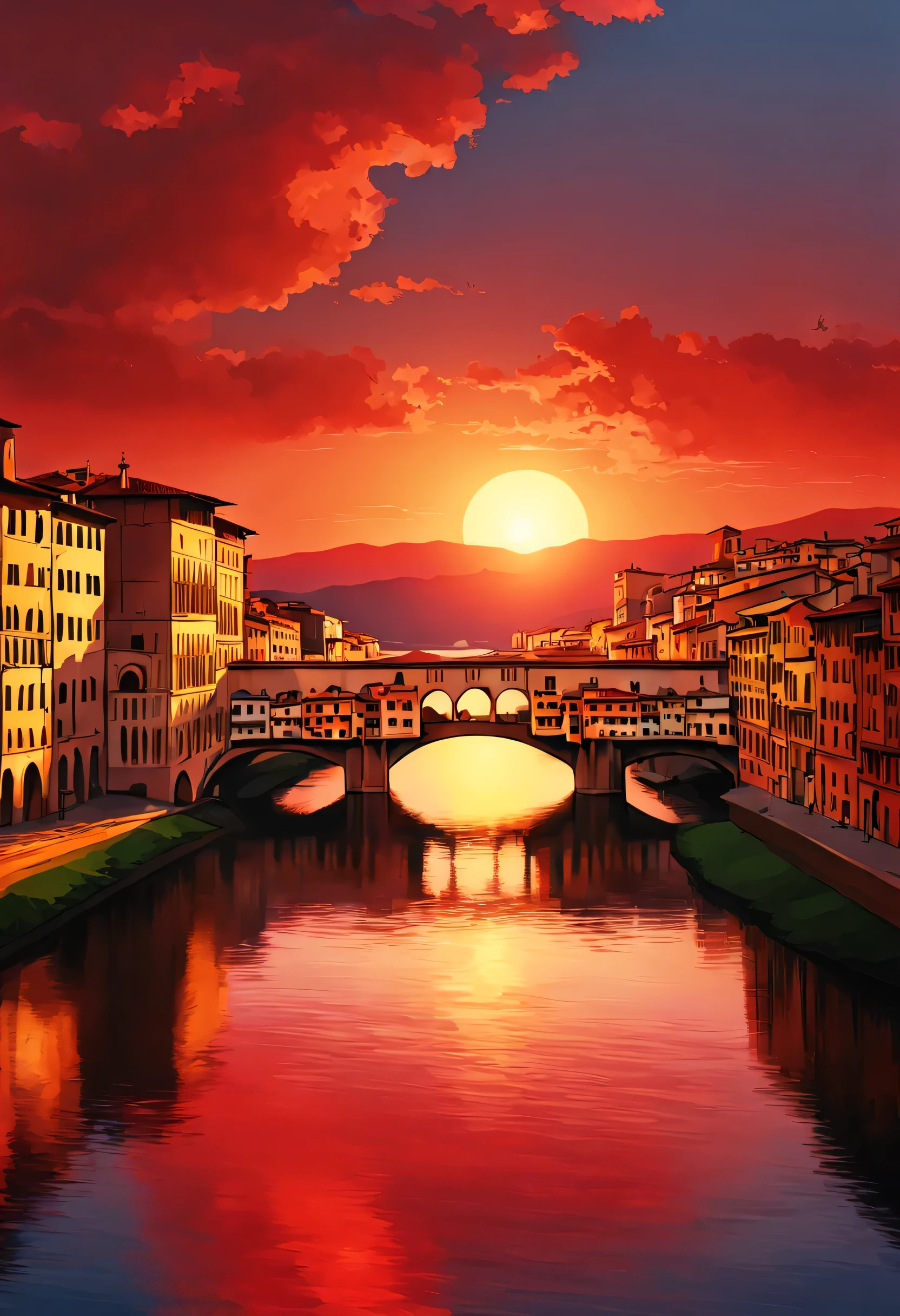 夕焼け色に染まるflorence,madder red,Red gradient,beautiful sunset,Italy,florence,be familiar with,dramatic,masterpiece