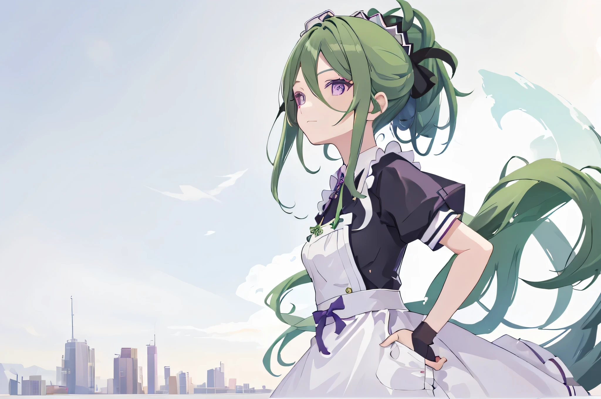 highest quality, masterpiece, High resolution, alone, {maid:1.40}, {long maid dress:1.15}, {Kuki_Shinobu_Genshin:1.15}, (green_hair), purple_eye, 前hair, ponytail, hair_between_eye, hair_ornament, chest,explosion background,Alley behind the building,((Upper body)),