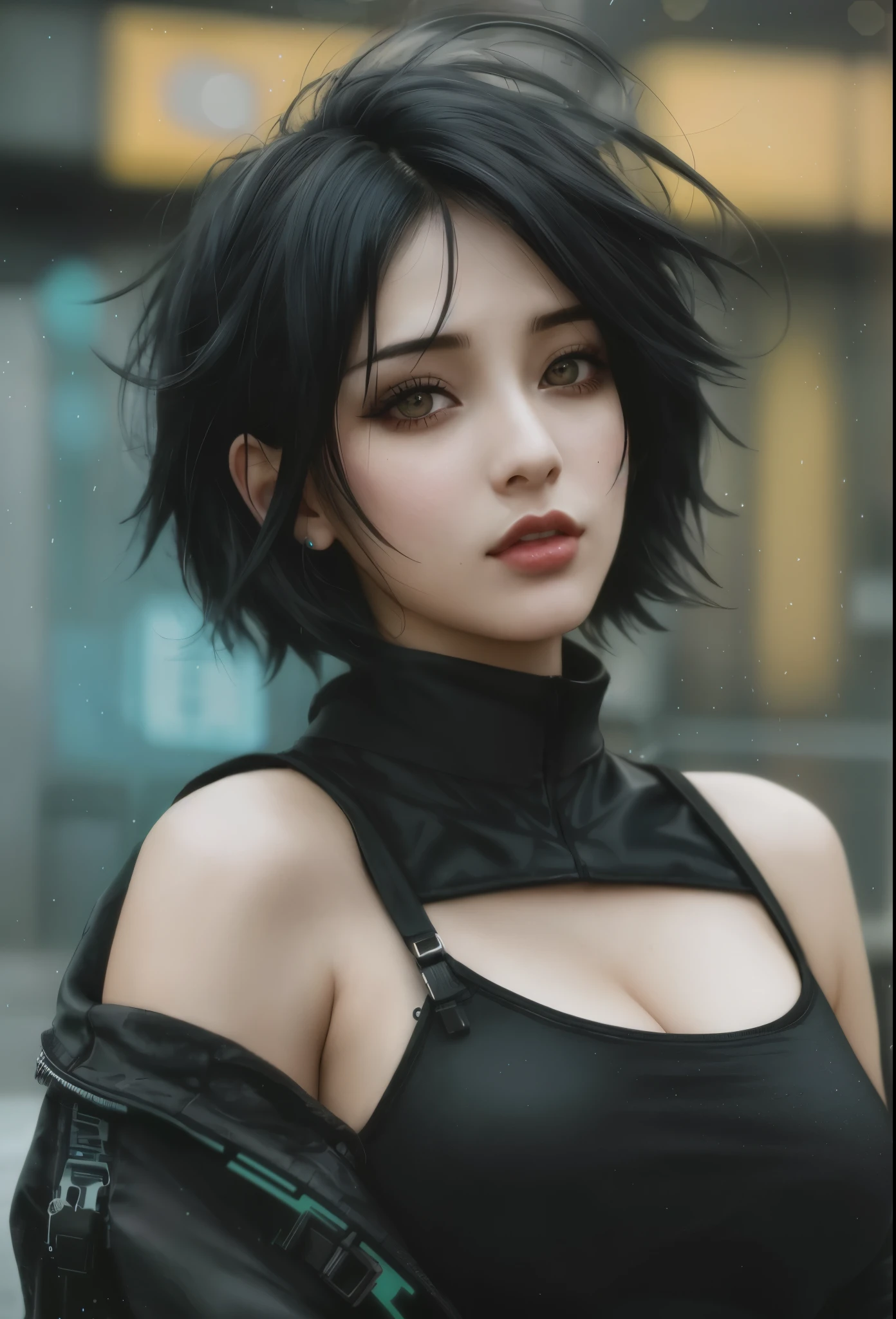 Arafad woman with black hair and black top posing for photo, beautiful cyber punk Girl face, jet black haired cyber punk Girl, Beautiful cyberpunk woman model, dreamy cyber punk Girl, the cyber punk Girl portrait, Alaina Ahenami (alena aenami) and artgerm, Cyberpunk beautiful girl, cyber punk Girl, Surreal cyberpunk style, seductive cyberpunk dark fantasy, Trash cyberpunk, Sexy gaze