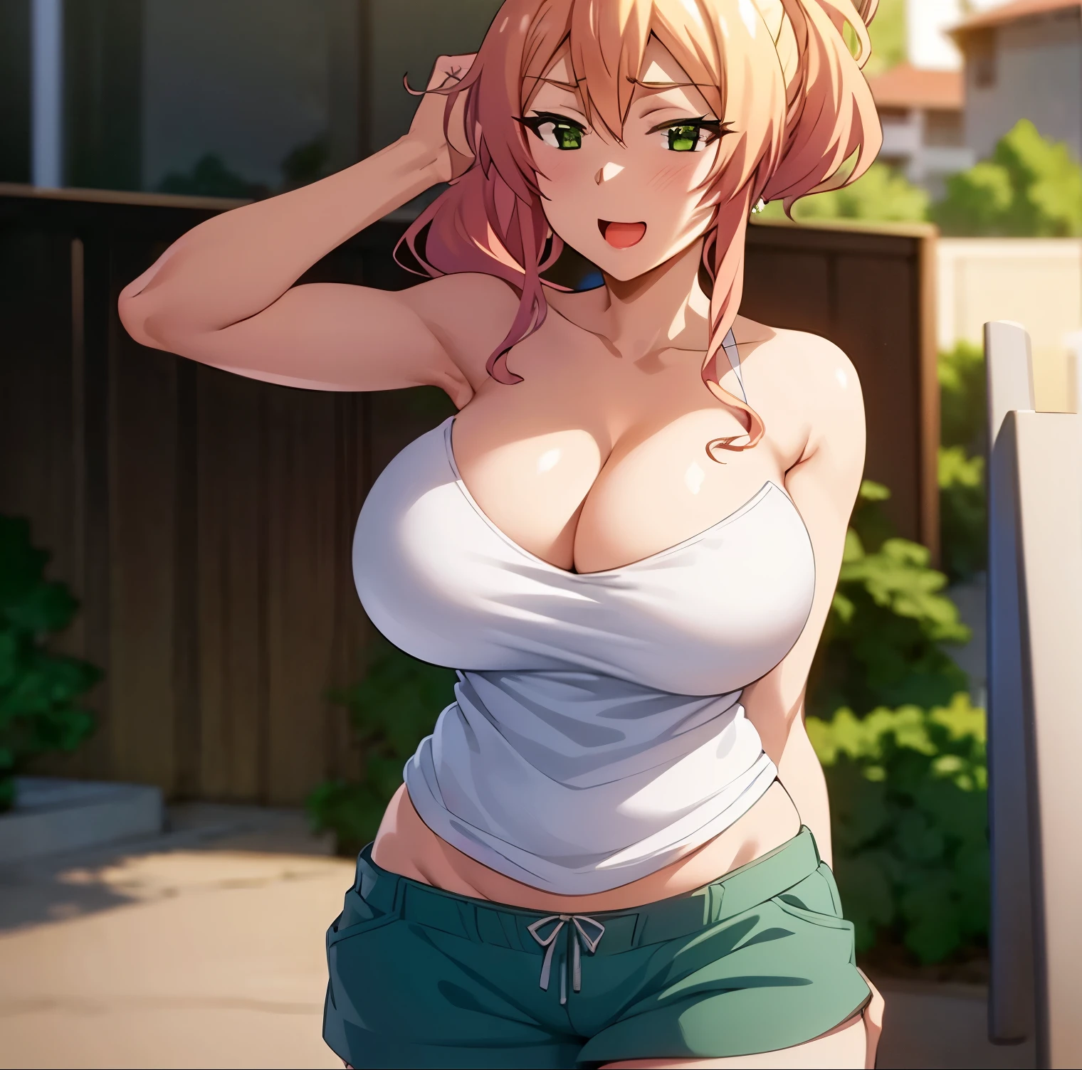 1women, alone,yukana yame,((nude)), ((huge tits)),  slim waist, outdoor, night city, ((busty)), blonde hair, green eyes, ponytail hair, smile, white tank top, short pants, open mouth, view at camera, close up,big breasts, medium waist, wide hips, medium thighs, cleavage