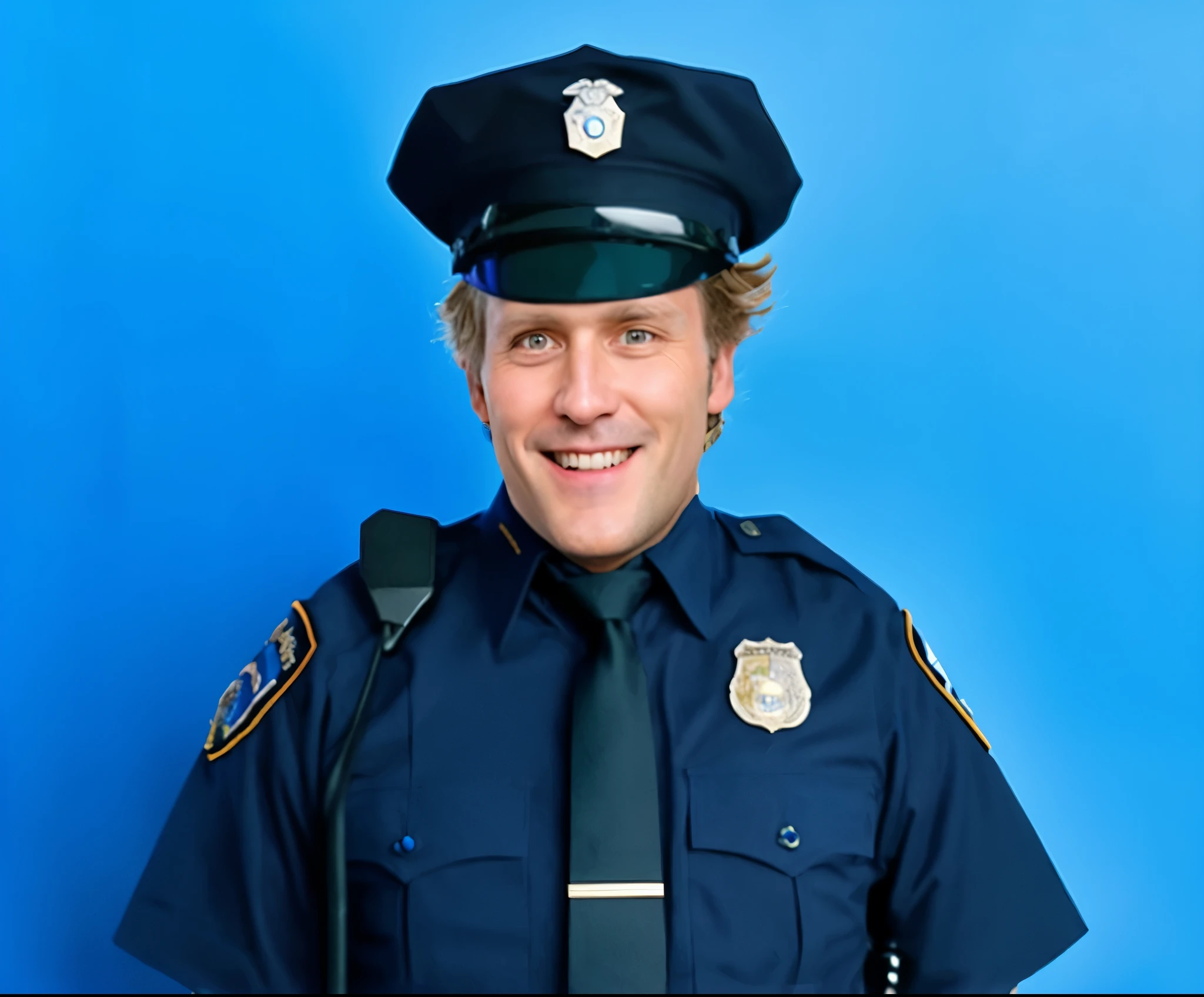 man in a police uniform smiling creepy, evil intension, policeman, police officer open its eye, wearing a police uniform, policeman closeup, realistic image, very detailed, 16k resolution