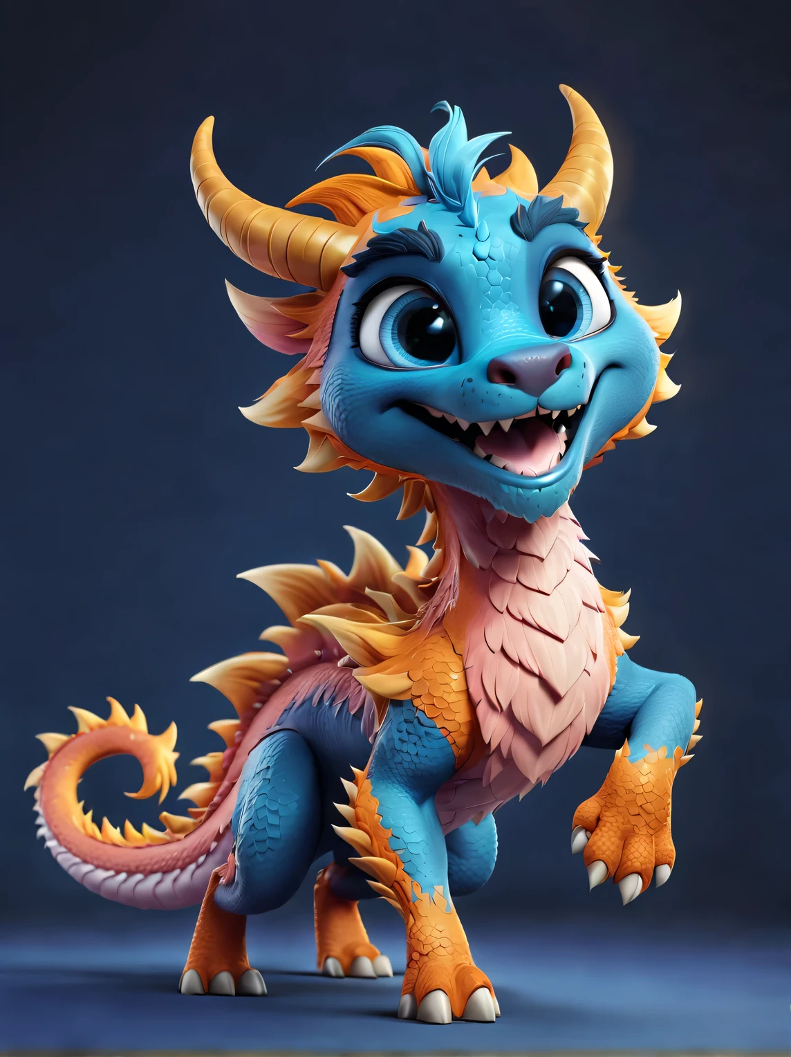 3d rendering,hairy， role conception, The cute Chinese zodiac sign Dragon takes an exaggerated stride, dynamic action, orange fur, big blue eyes, Squint your eyes and smile mischievously (Eyes narrowed into crescent shape), Wearing scarlet clothes, range mark drawing, monochrome, brush outline, 4K, soft pink, interesting,