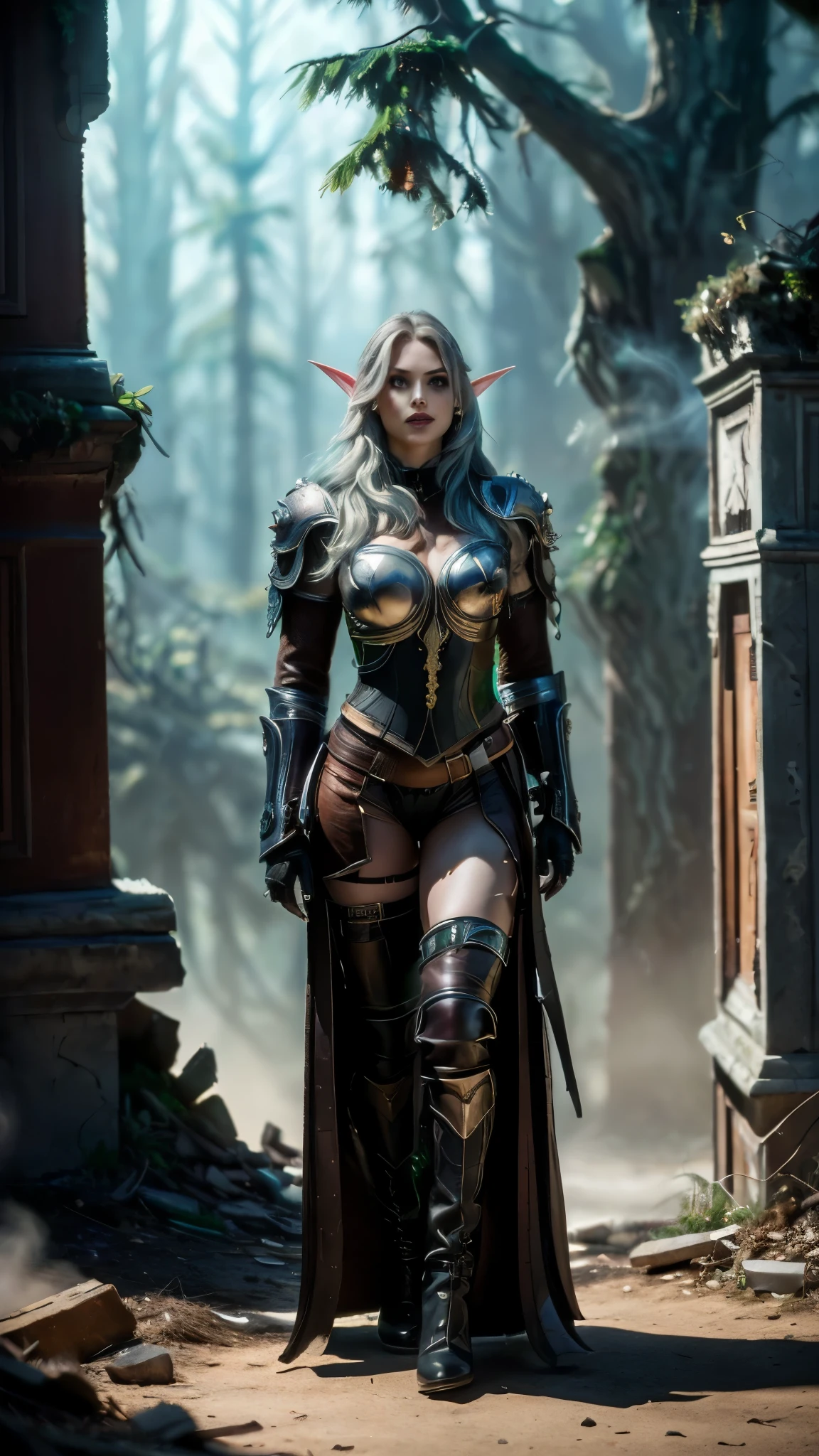 (Numerous award-winning masterpiece, with incredible detail, textures and maximum detail), (hyper realistic:1.4), (Full body image:1.8),((fantasy world)),  (Beautiful elf female hunter:1.8),(languid and bewitching smile on the lips:1.5)(Seductive Gaze:1.9), best quality real texture skin, (bewitching finely Detailed and beautiful face:1.6),(Wearing a hunter leather armor  set:1.99)(Image of aesthetic and decadent atmosphere:1.9), (fair but beautiful skin and face:1.8), (wearing many decadent and delicately crafted accessories:1.8),(Two eyes that emit strong green light from inside:1.4), ((dramatic photo)), ((cinematic light)),(dramatic pose), (smoke effects and bewitching light:1.4), (beautiful silver hair, Wind Effects:1.6), (Ruins of an old castle:1.7), (forest:1.6), pic realistic, faded, ((neutral colors)), art, (hdr:1.5), (muted colors:1.2), hyper detailed, (art station:1.5), cinematic, warm lights, light effect, dramatic light, (intricate details:1.1), complex background, 