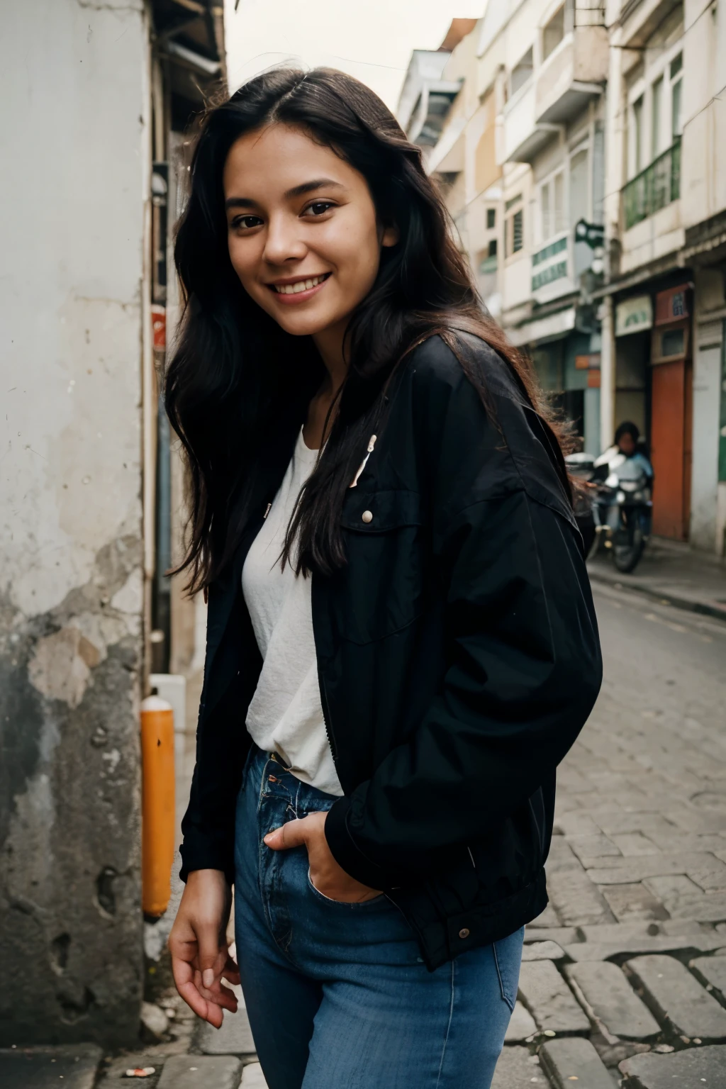 portrait of a smiling Dutch girl with long, thick black hair flowing freely in 1990, wearing an oversized black jacket and jeans, background on the streets of Indonesia