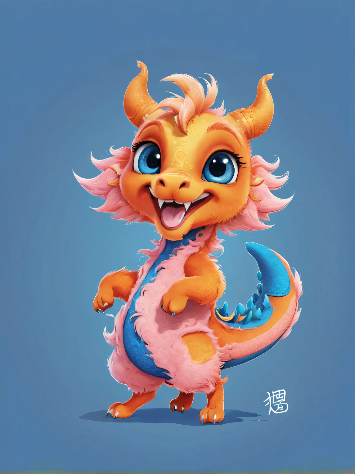 role conception, Featuring the adorable zodiac sign Dragon,exaggerated gait, orange fur, big blue eyes, Squint your eyes and smile mischievously (Crescent), Wearing scarlet clothes, range mark drawing, monochrome, Ballpoint pen outline, 4K, soft pink, interesting,