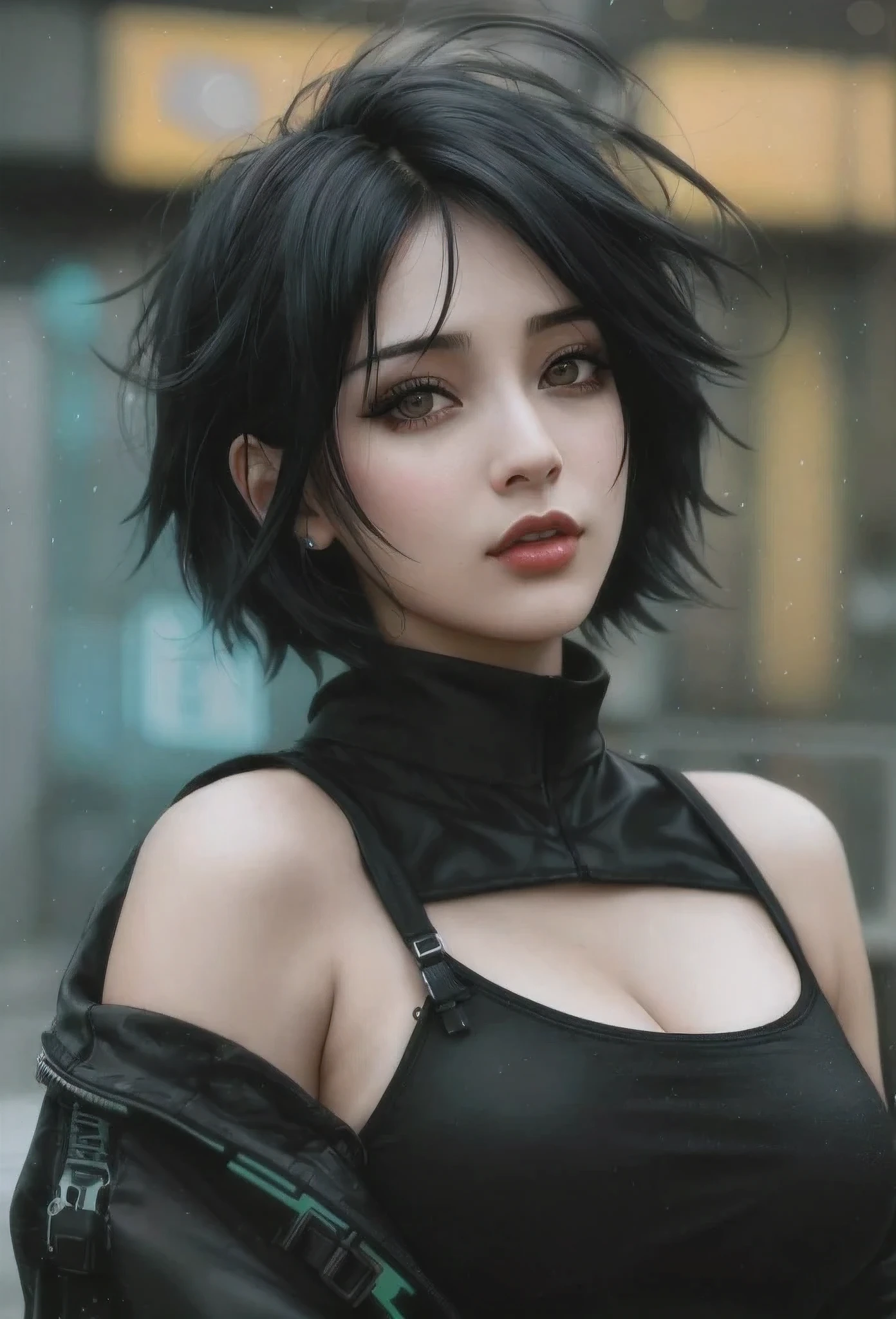 black hair、Arafad woman in black top posing for photo, beautiful cyber punk Girl face, jet black haired cyber punk Girl, Beautiful cyberpunk woman model, dreamy cyber punk Girl, the cyber punk Girl portrait, Alaina Akhenami (Alaina Enami) and atjem, Cyberpunk beautiful girl, cyber punk Girl, Surreal cyberpunk style, seductive cyberpunk dark fantasy, Trash cyberpunk, Sexy gaze